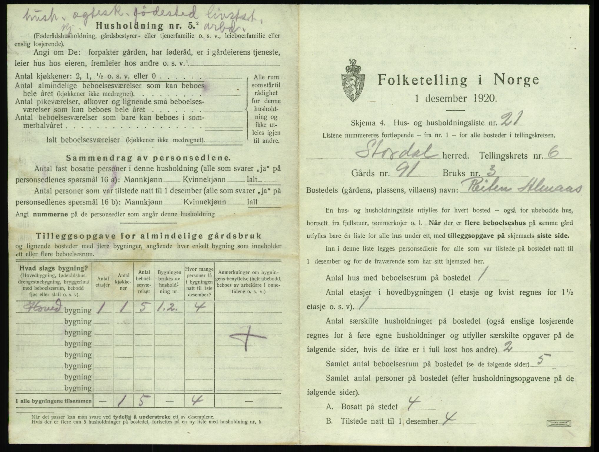 SAT, 1920 census for Stordal, 1920, p. 324