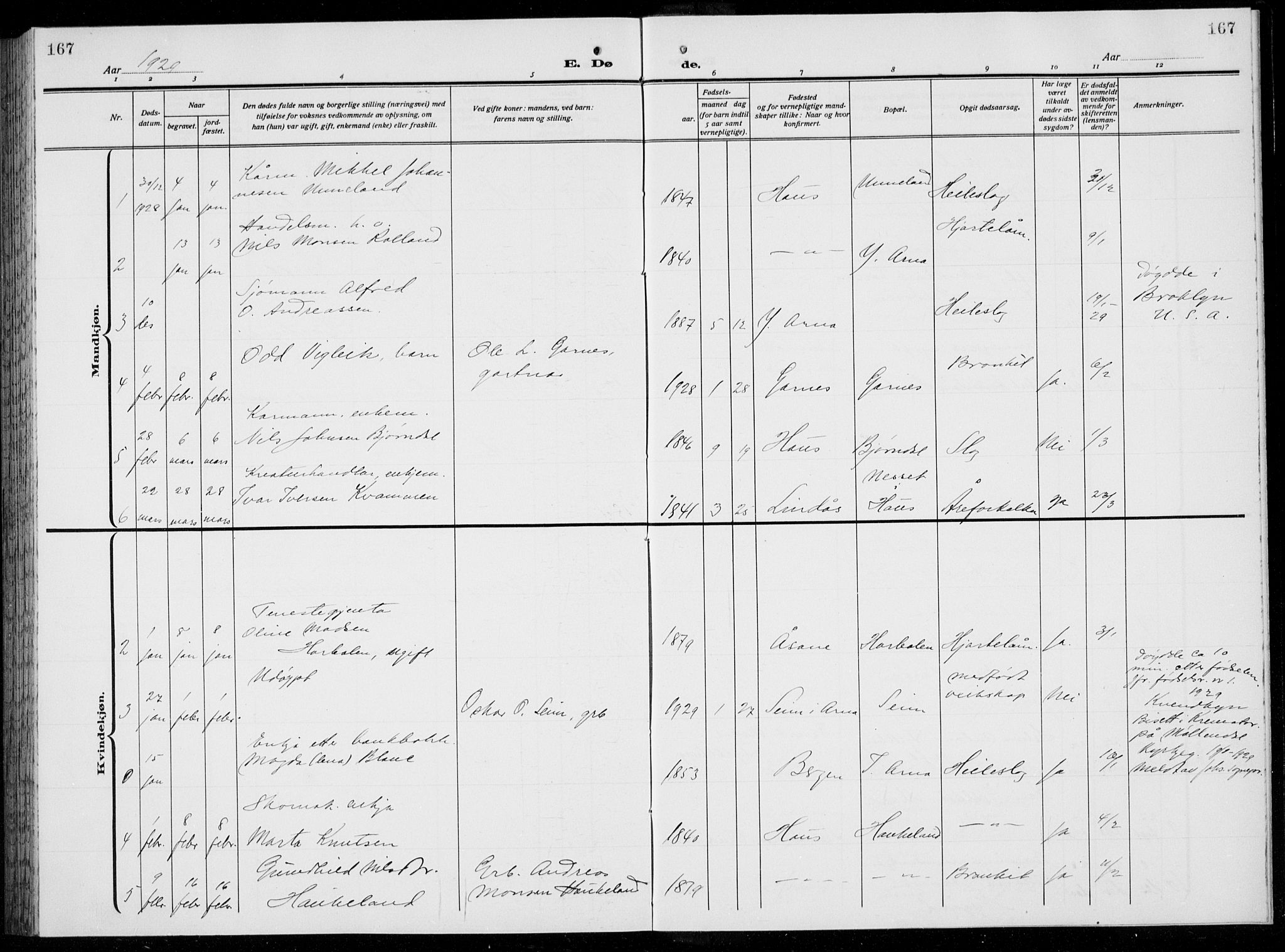 Arna Sokneprestembete, SAB/A-74001/H/Ha/Hab: Parish register (copy) no. A  6, 1922-1936, p. 167