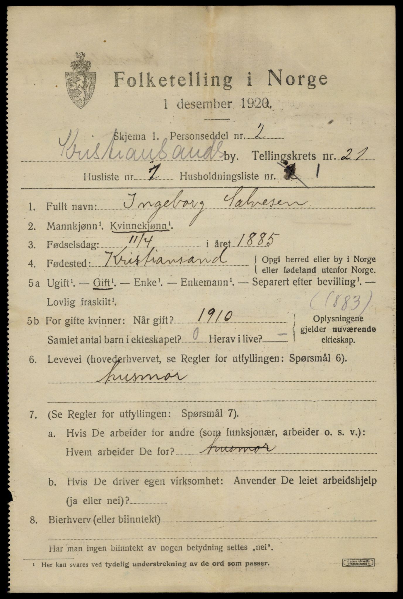 SAK, 1920 census for Kristiansand, 1920, p. 36983