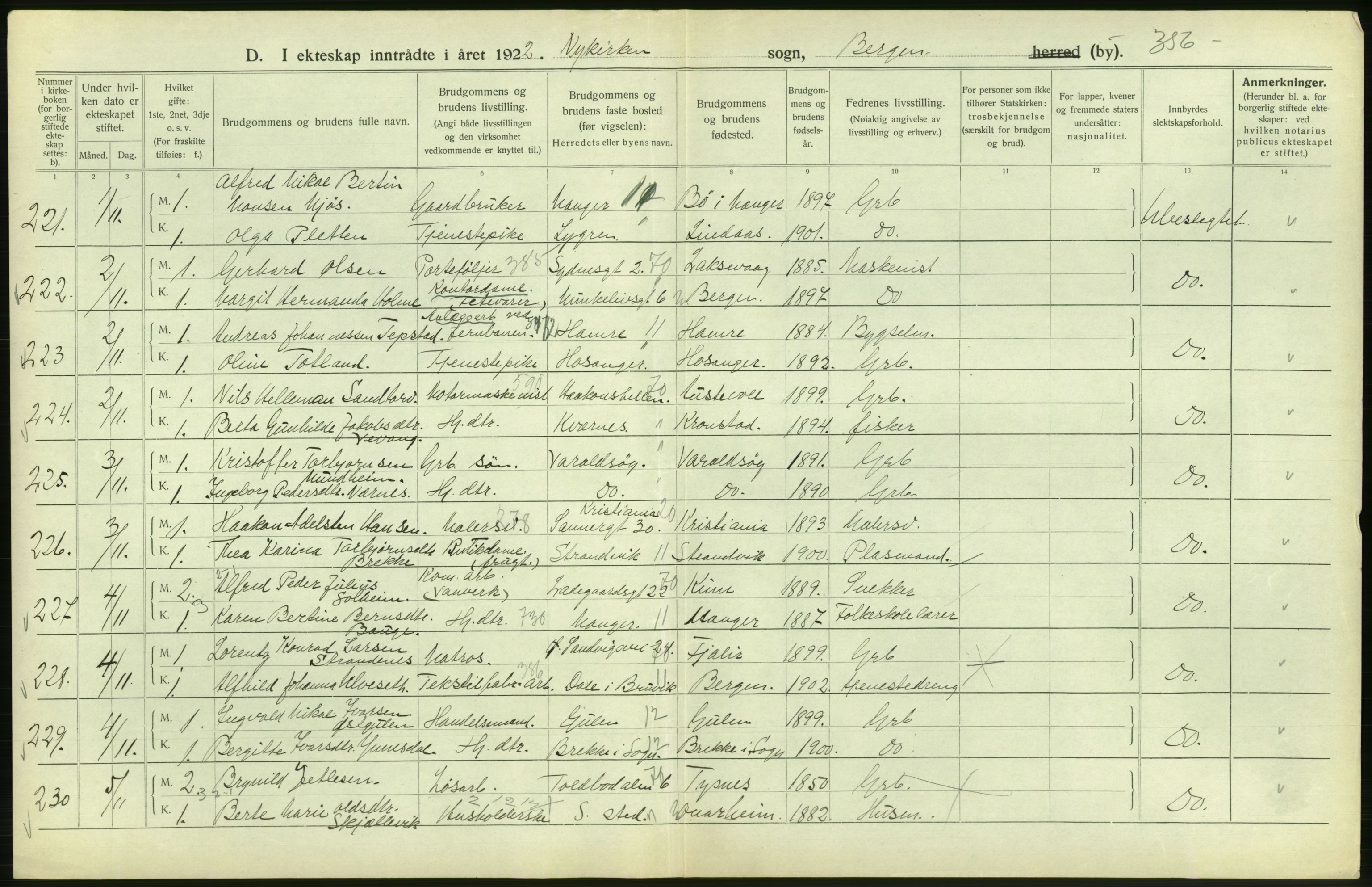 Statistisk sentralbyrå, Sosiodemografiske emner, Befolkning, AV/RA-S-2228/D/Df/Dfc/Dfcb/L0030: Bergen: Gifte, døde, dødfødte., 1922, p. 166