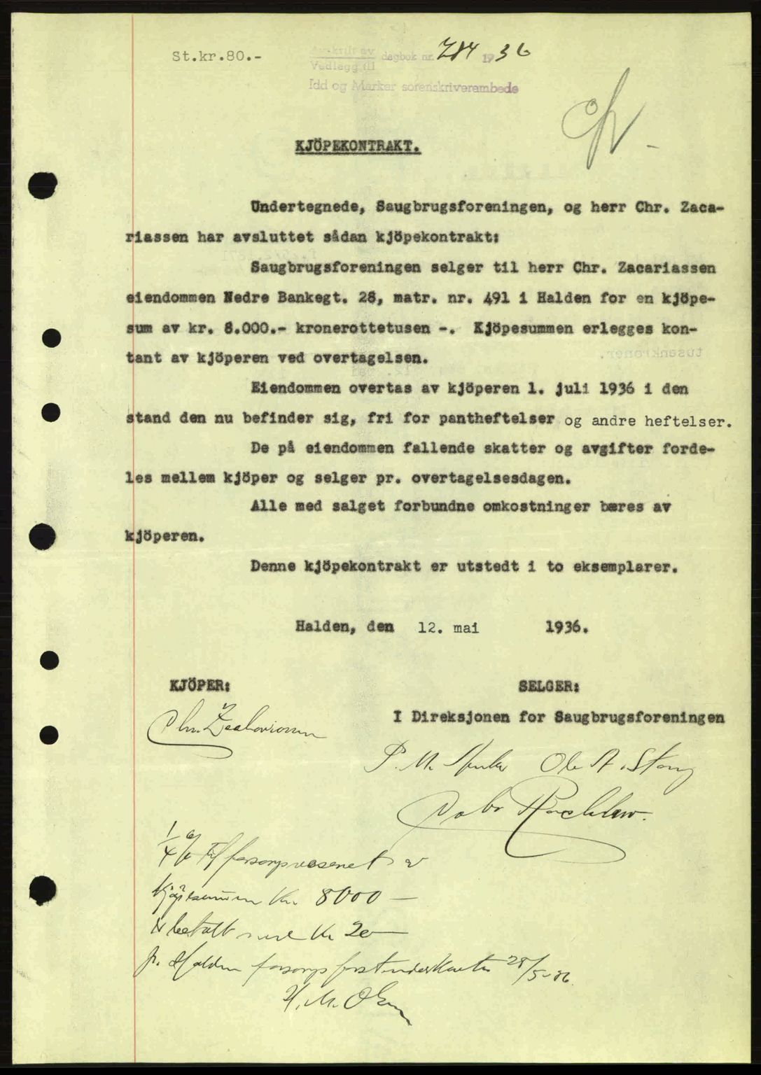 Idd og Marker sorenskriveri, AV/SAO-A-10283/G/Gb/Gbb/L0001: Mortgage book no. A1, 1936-1937, Diary no: : 784/1936