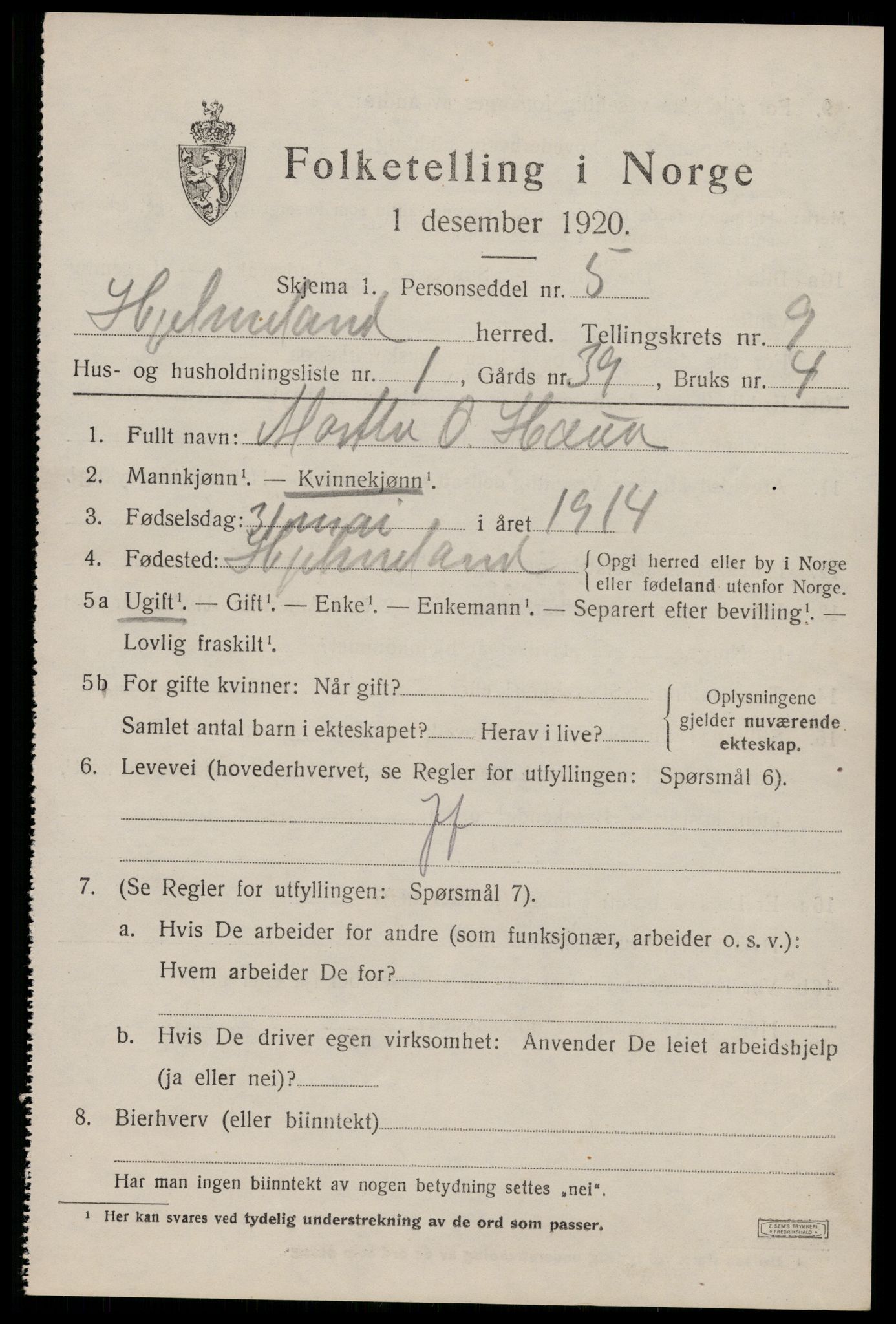 SAST, 1920 census for Hjelmeland, 1920, p. 2693