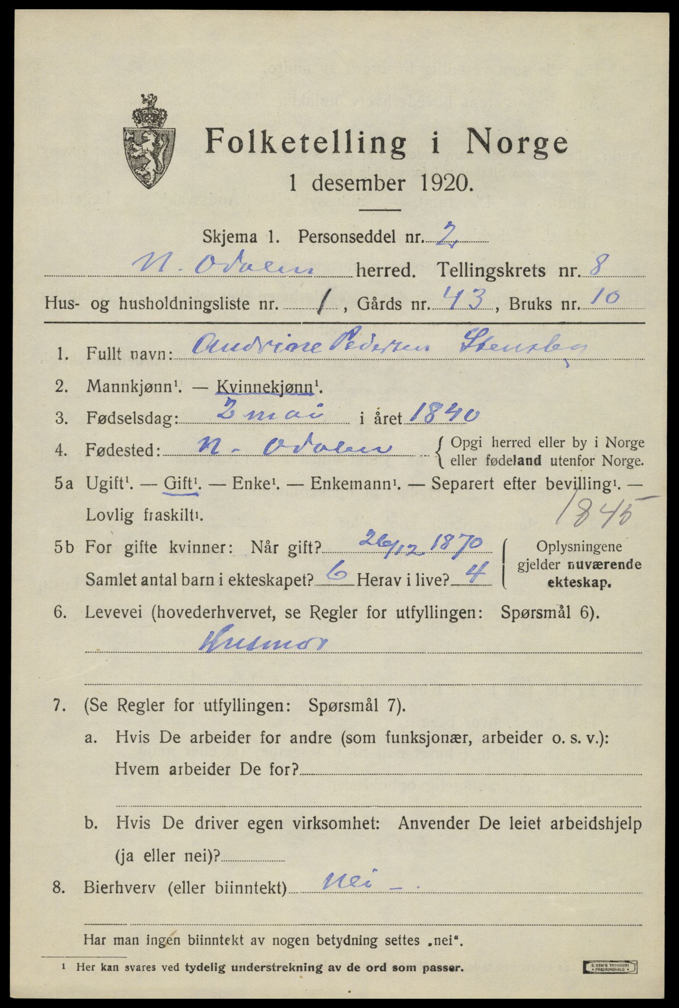 SAH, 1920 census for Nord-Odal, 1920, p. 7951