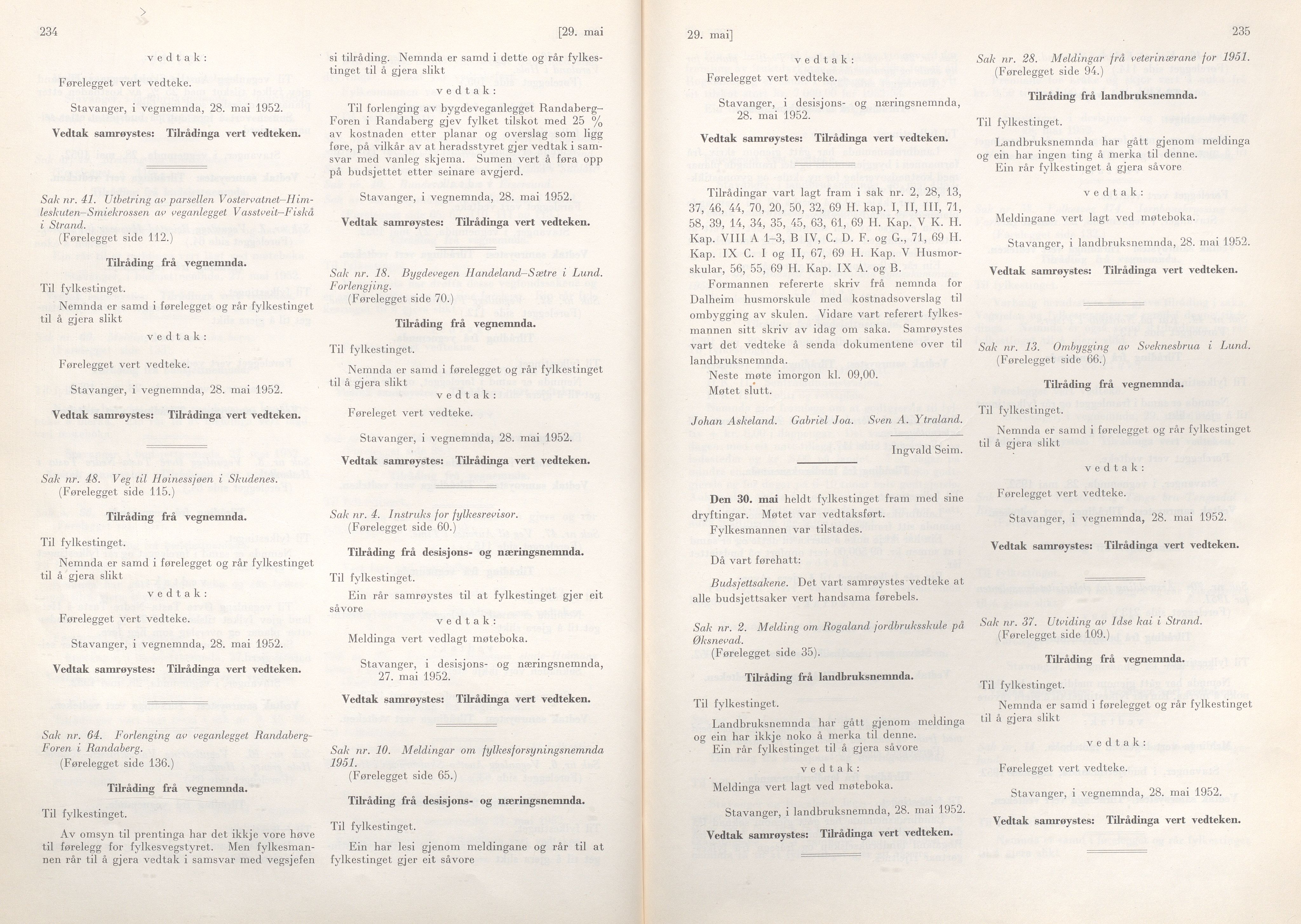 Rogaland fylkeskommune - Fylkesrådmannen , IKAR/A-900/A/Aa/Aaa/L0071: Møtebok , 1952, p. 234-235