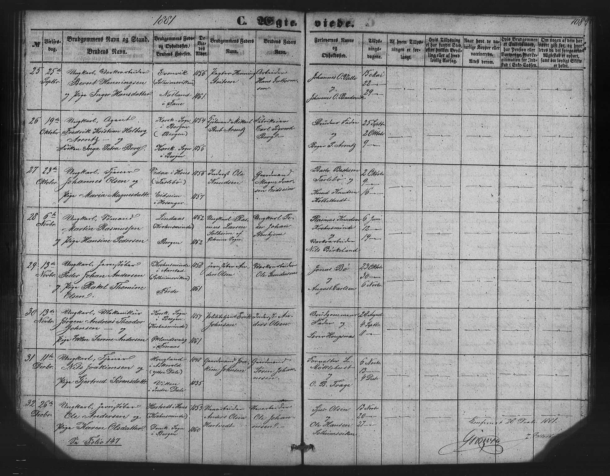 St. Jørgens hospital og Årstad sokneprestembete, AV/SAB-A-99934: Parish register (copy) no. A 7, 1854-1886, p. 108