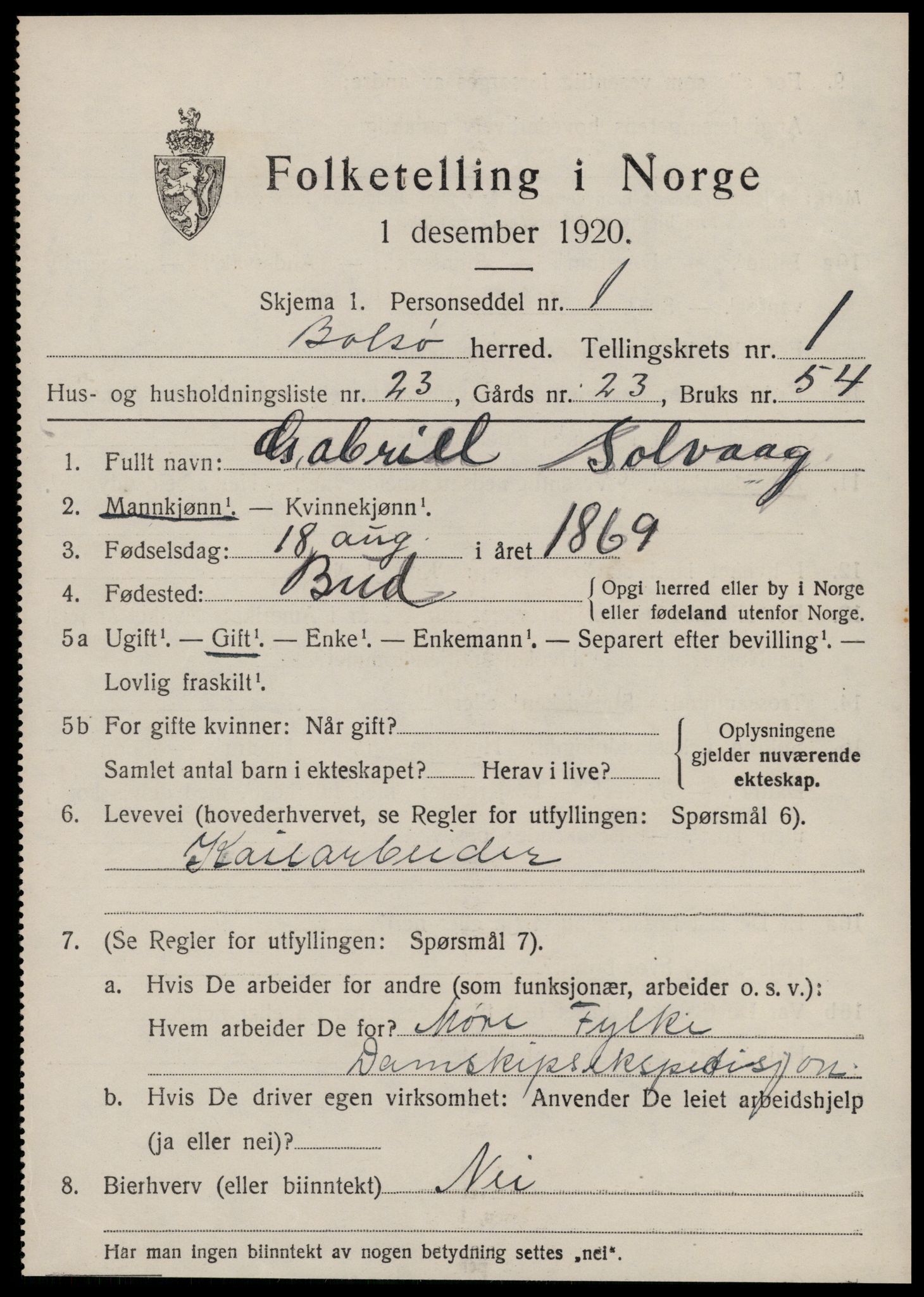 SAT, 1920 census for Bolsøy, 1920, p. 1875