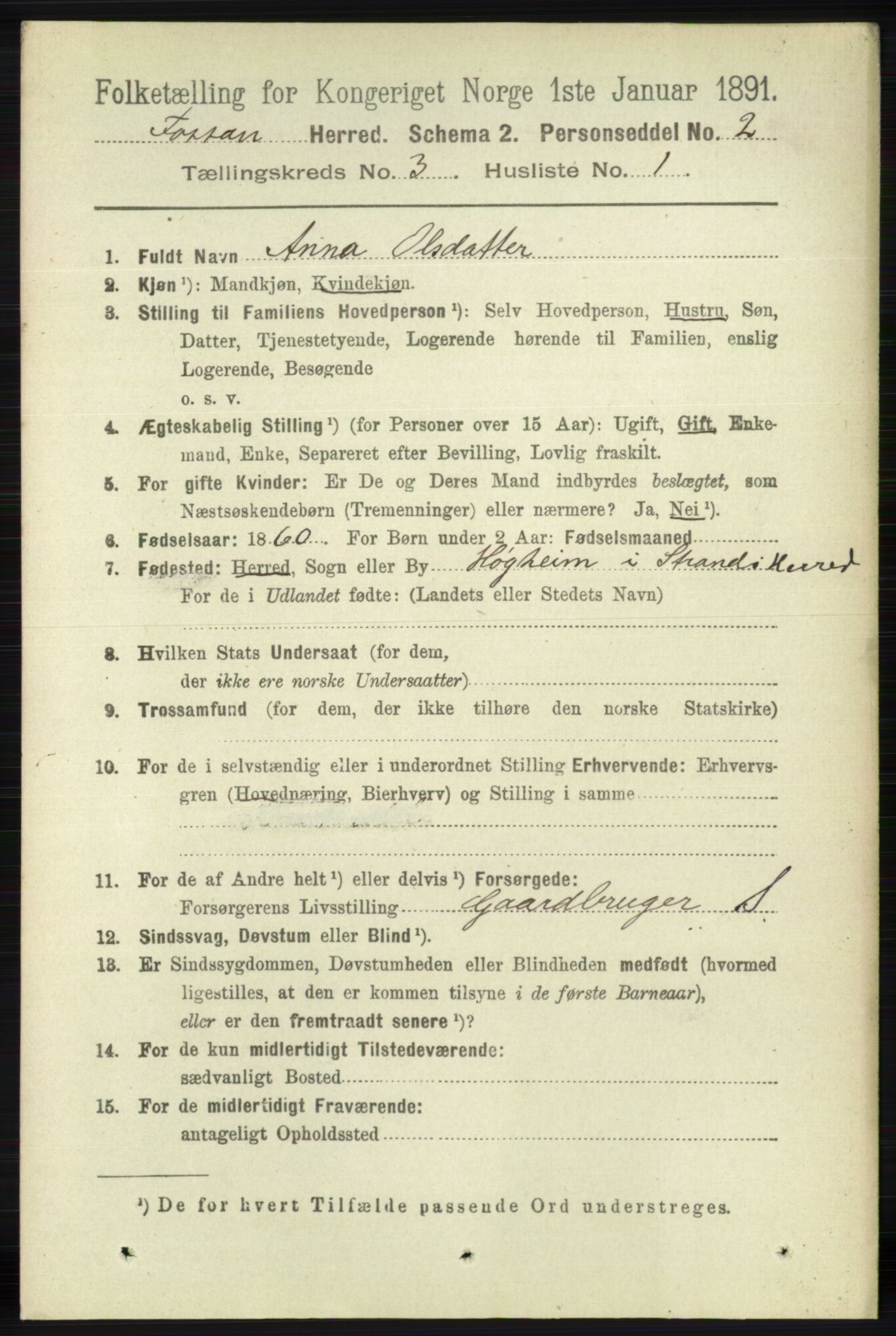 RA, 1891 census for 1129 Forsand, 1891, p. 329