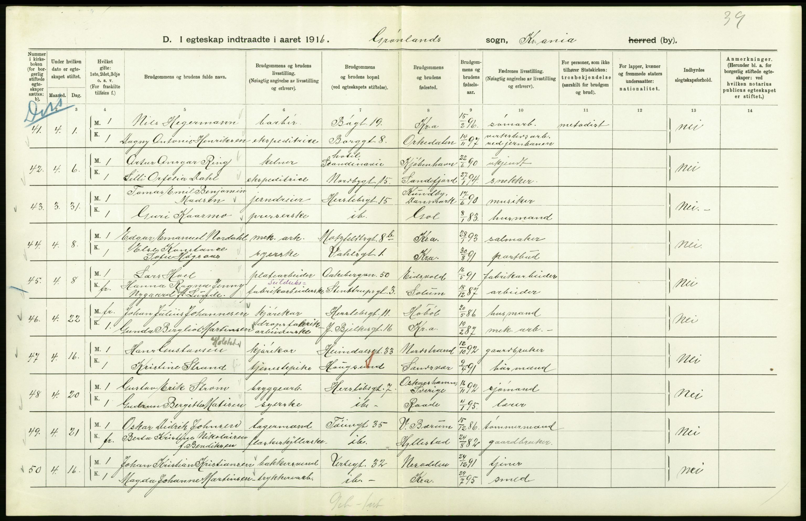 Statistisk sentralbyrå, Sosiodemografiske emner, Befolkning, AV/RA-S-2228/D/Df/Dfb/Dfbf/L0008: Kristiania: Gifte, 1916, p. 552