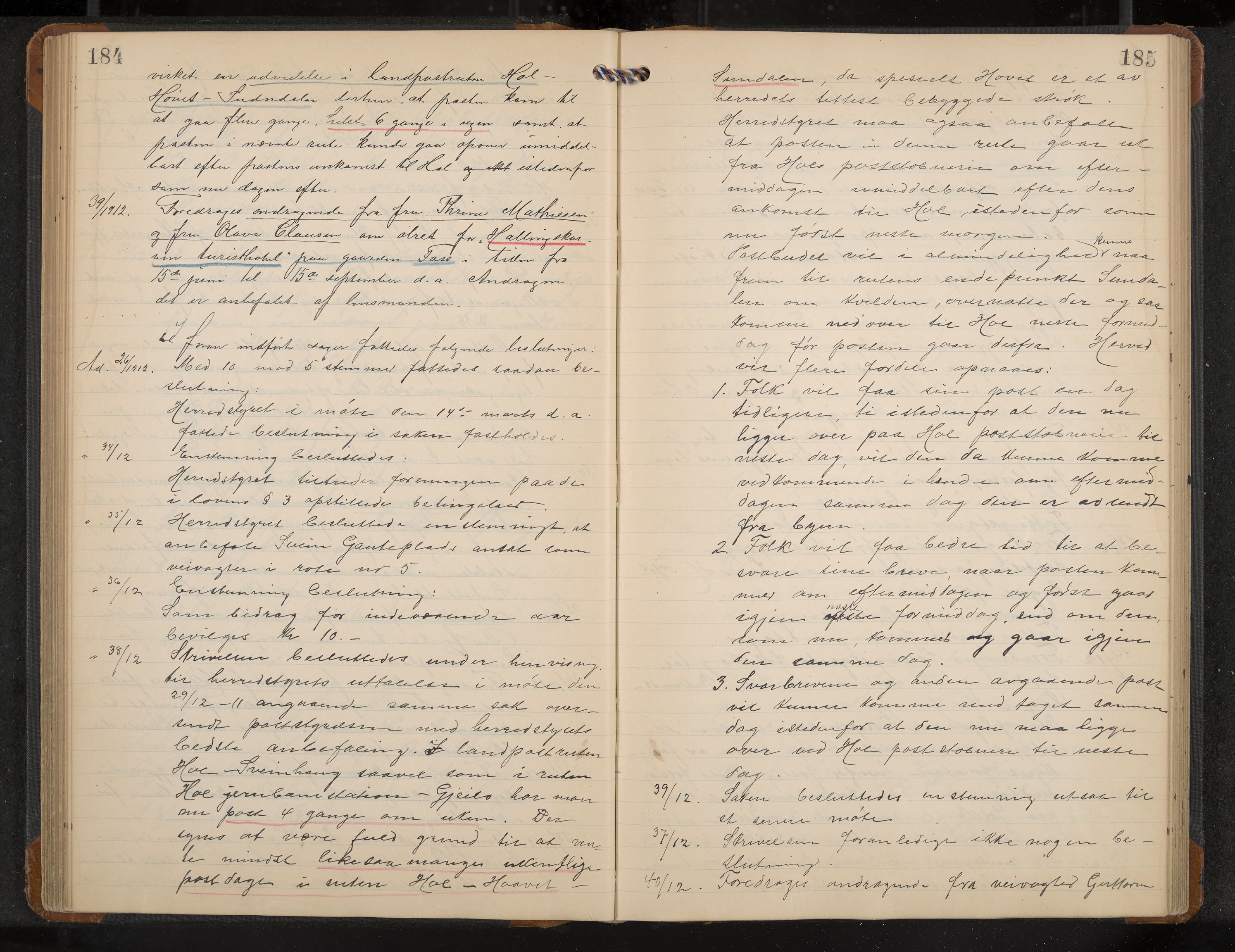 Hol formannskap og sentraladministrasjon, IKAK/0620021-1/A/L0005: Møtebok, 1909-1915, p. 184-185