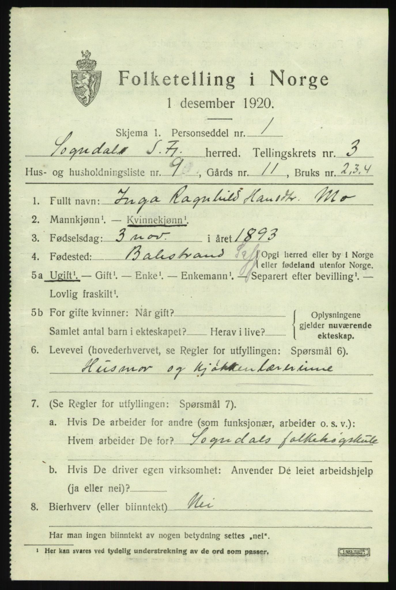 SAB, 1920 census for Sogndal, 1920, p. 2201