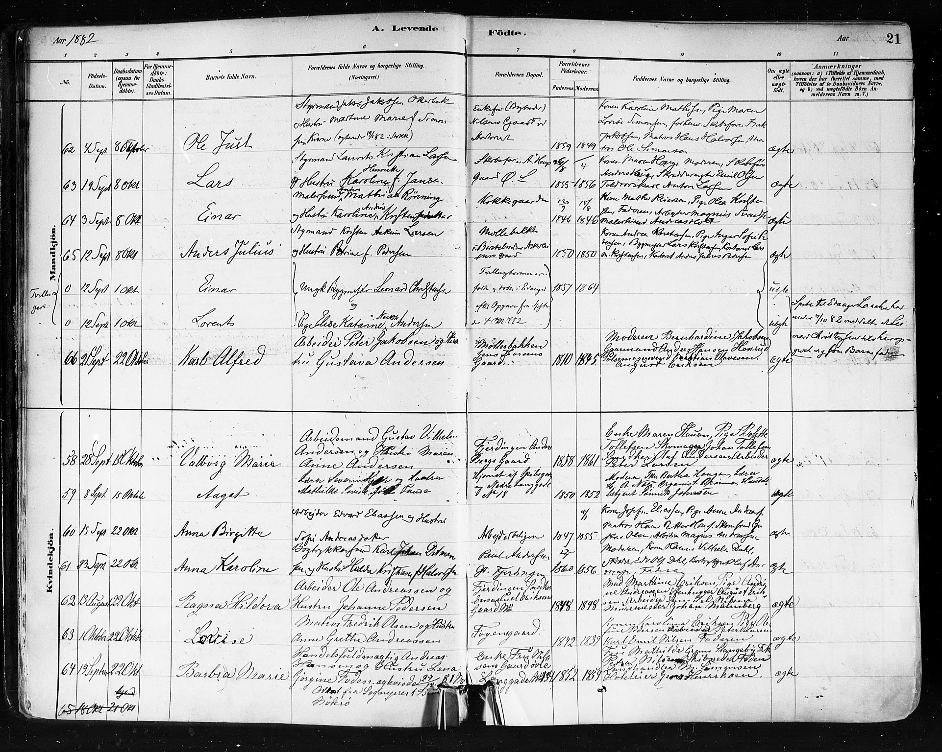 Tønsberg kirkebøker, AV/SAKO-A-330/F/Fa/L0011: Parish register (official) no. I 11, 1881-1890, p. 21