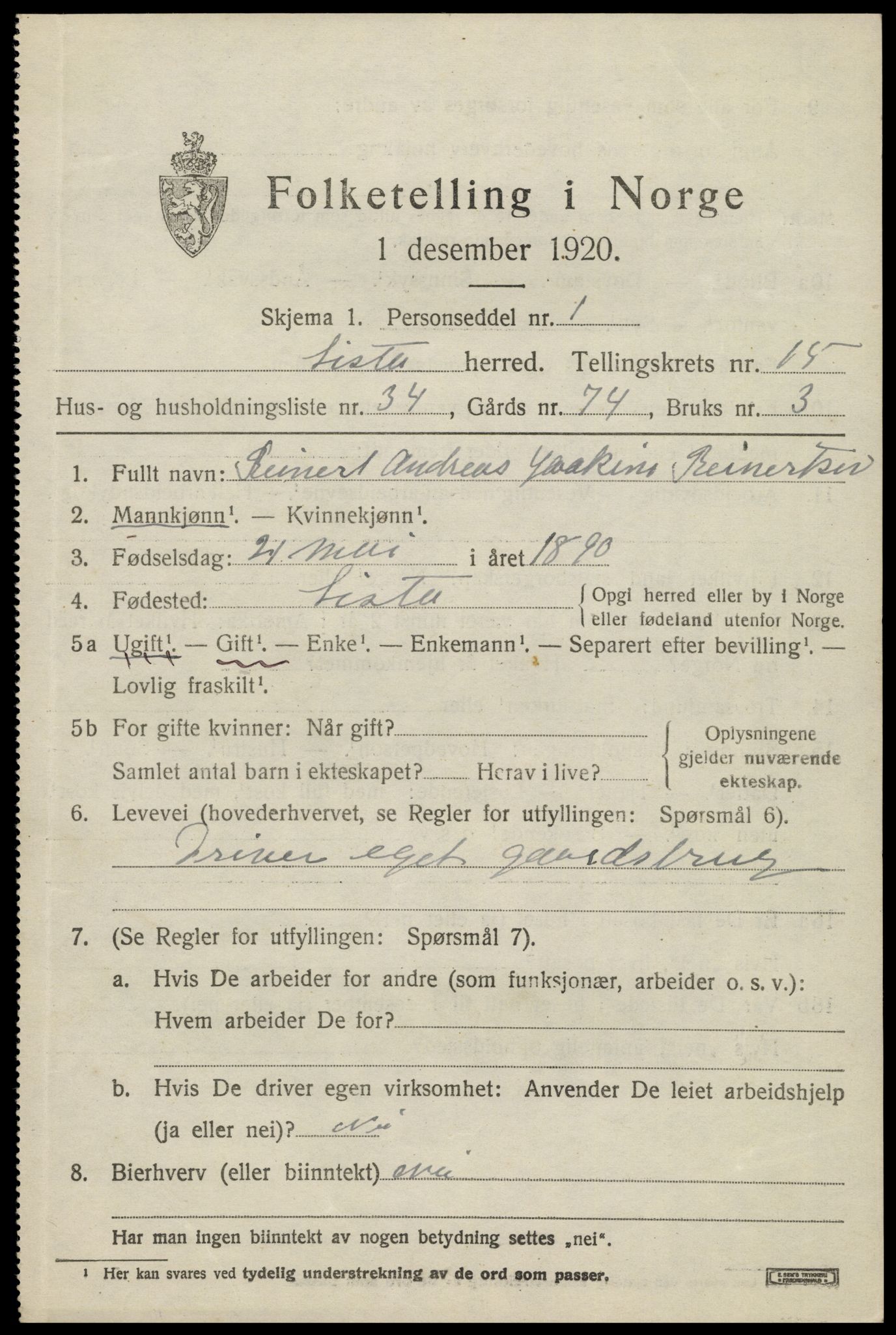 SAK, 1920 census for Lista, 1920, p. 12875