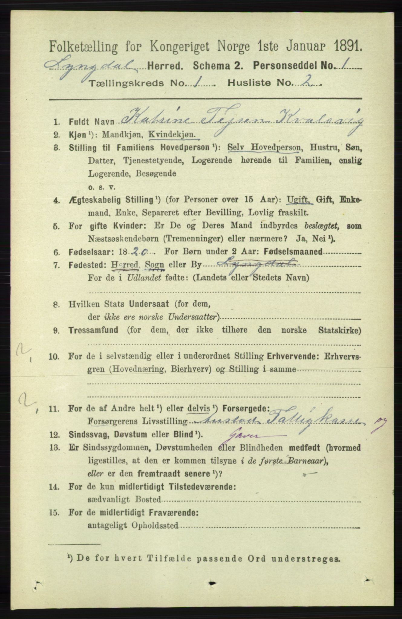 RA, 1891 census for 1032 Lyngdal, 1891, p. 127