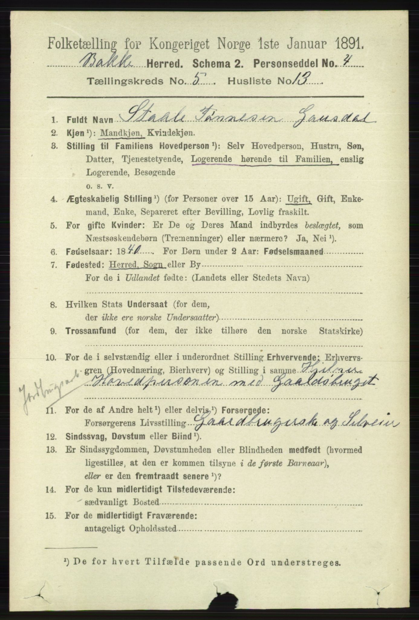 RA, 1891 census for 1045 Bakke, 1891, p. 1144