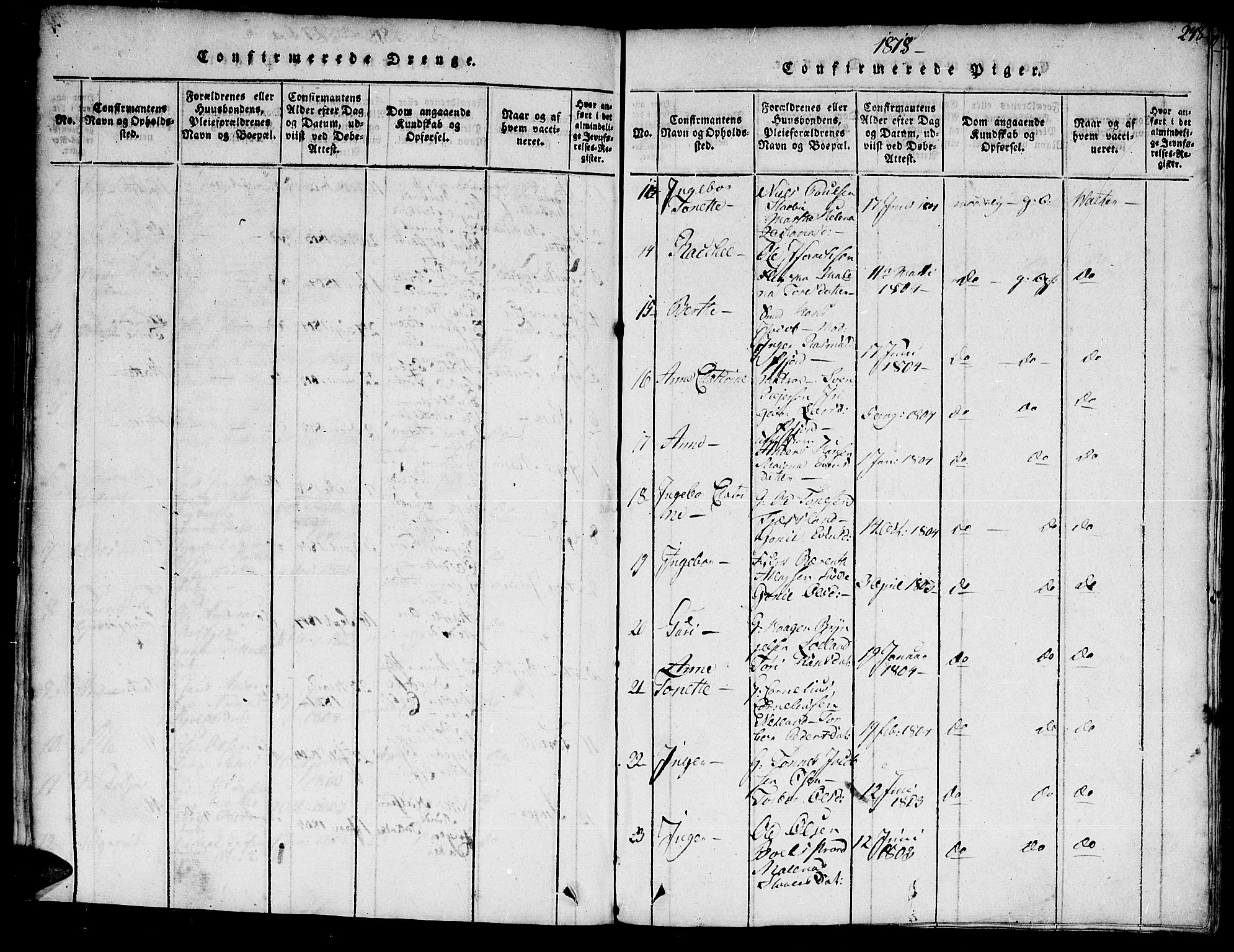 Flekkefjord sokneprestkontor, SAK/1111-0012/F/Fa/Fac/L0002: Parish register (official) no. A 2, 1815-1826, p. 249