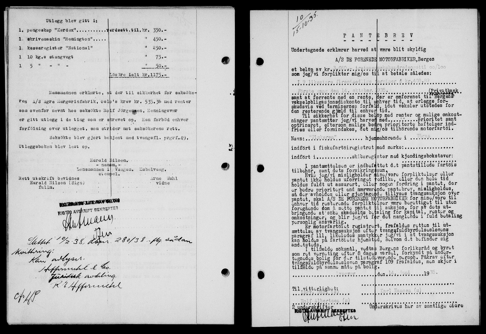 Lofoten sorenskriveri, SAT/A-0017/1/2/2C/L0032b: Mortgage book no. 32b, 1935-1935, Deed date: 15.10.1935