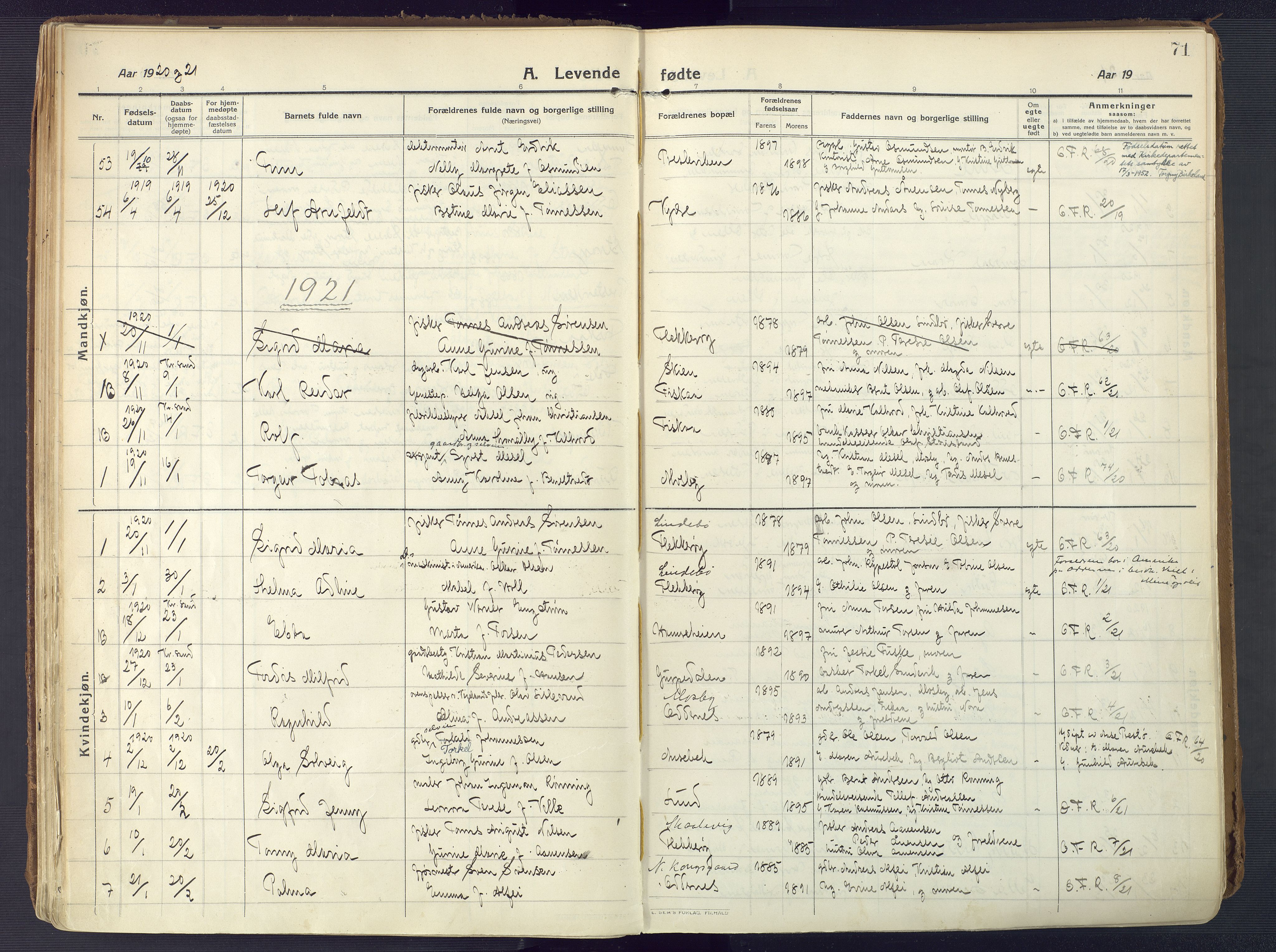 Oddernes sokneprestkontor, AV/SAK-1111-0033/F/Fa/Faa/L0012: Parish register (official) no. A 12, 1912-1925, p. 71