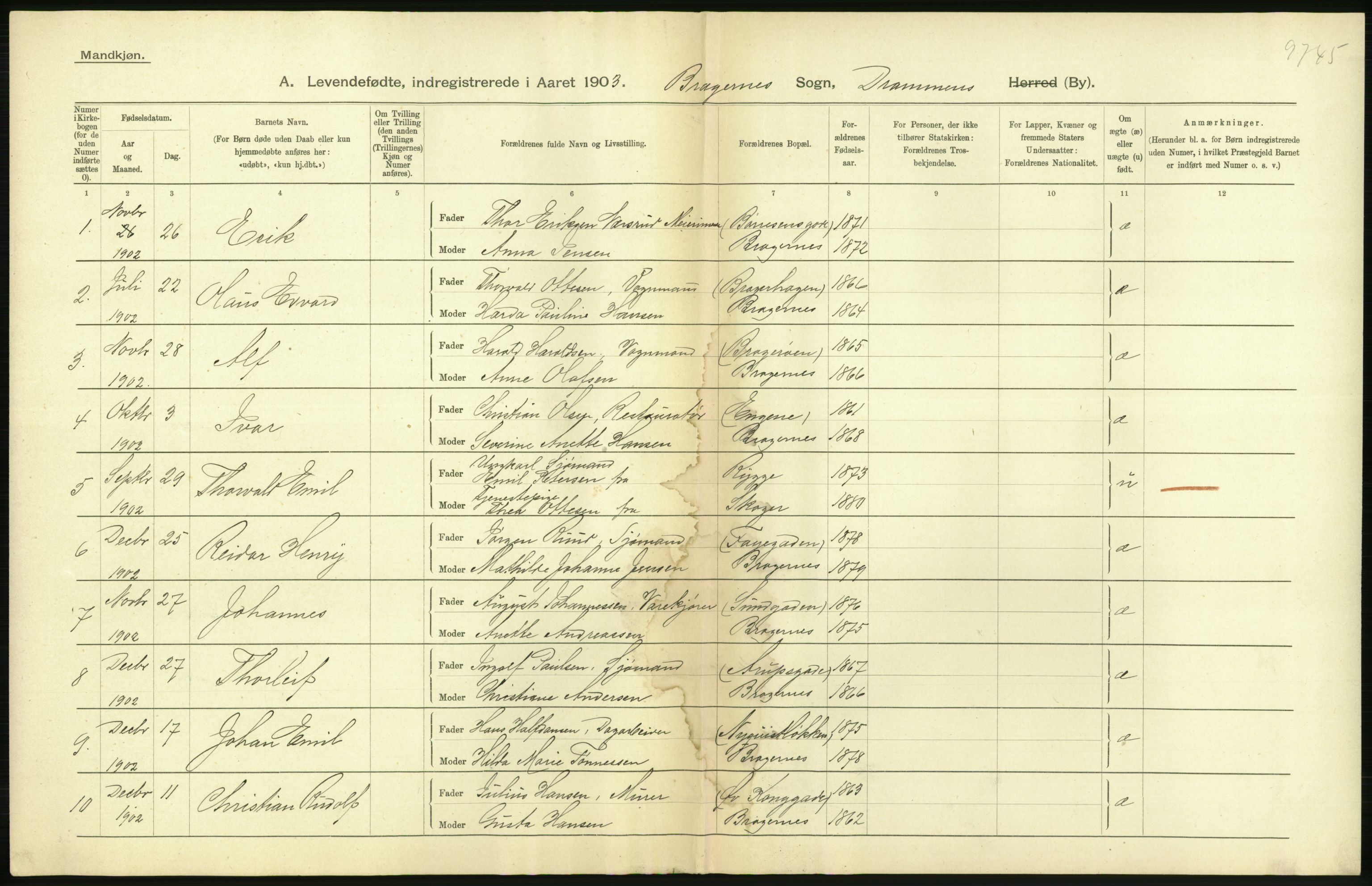 Statistisk sentralbyrå, Sosiodemografiske emner, Befolkning, AV/RA-S-2228/D/Df/Dfa/Dfaa/L0007: Buskeruds amt: Fødte, gifte, døde, 1903, p. 292