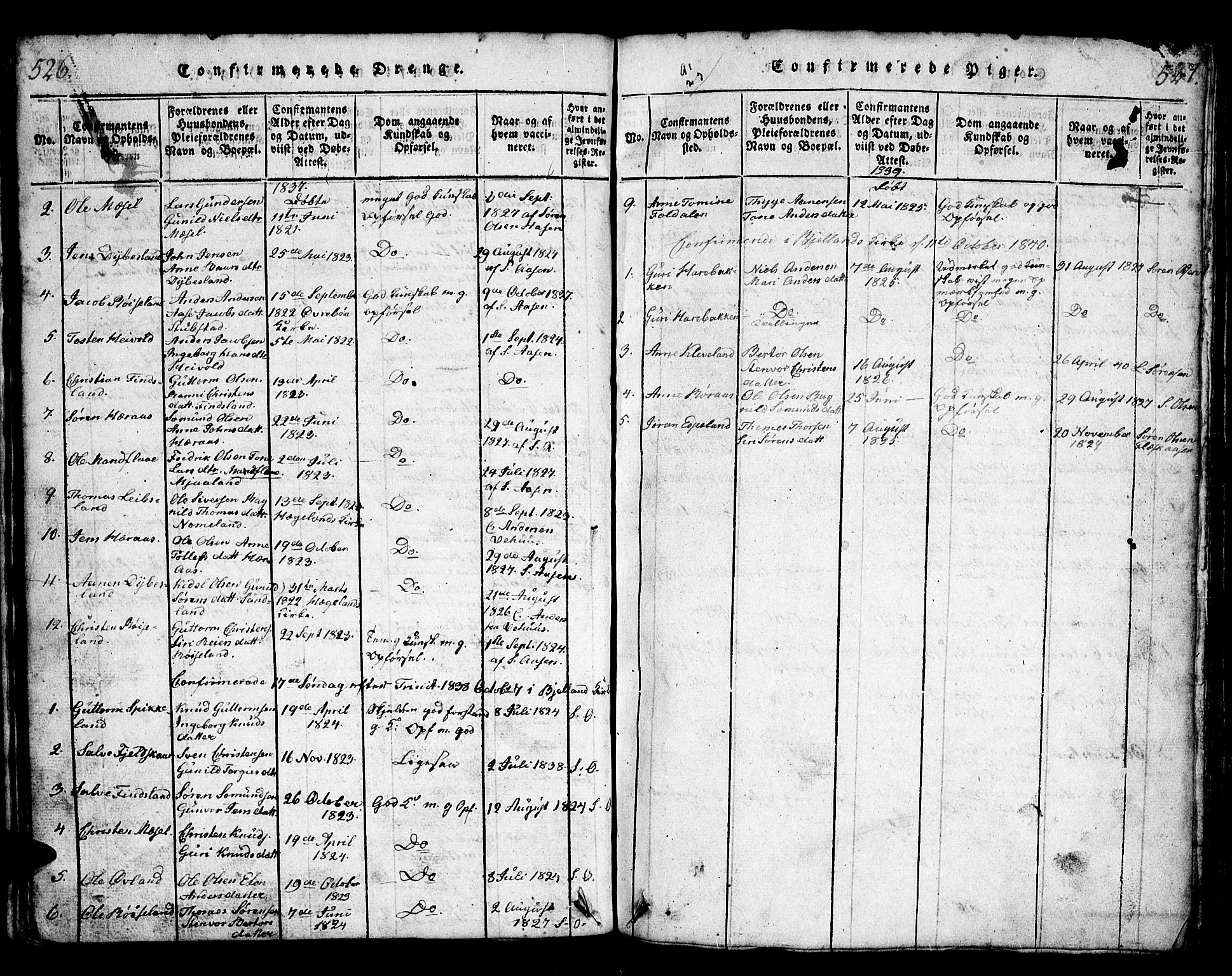 Bjelland sokneprestkontor, SAK/1111-0005/F/Fb/Fbb/L0003: Parish register (copy) no. B 3, 1816-1868, p. 526-527