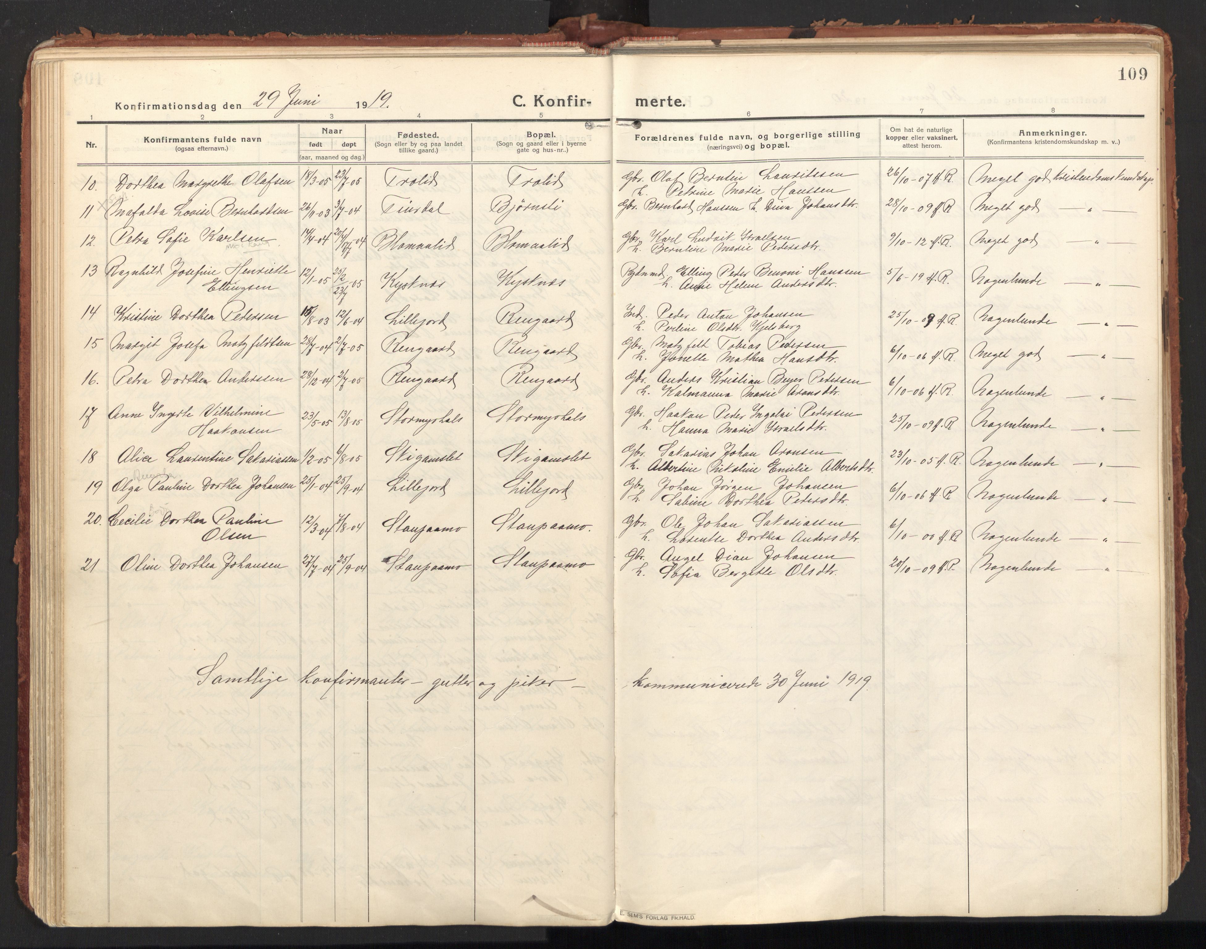 Ministerialprotokoller, klokkerbøker og fødselsregistre - Nordland, SAT/A-1459/846/L0650: Parish register (official) no. 846A08, 1916-1935, p. 109
