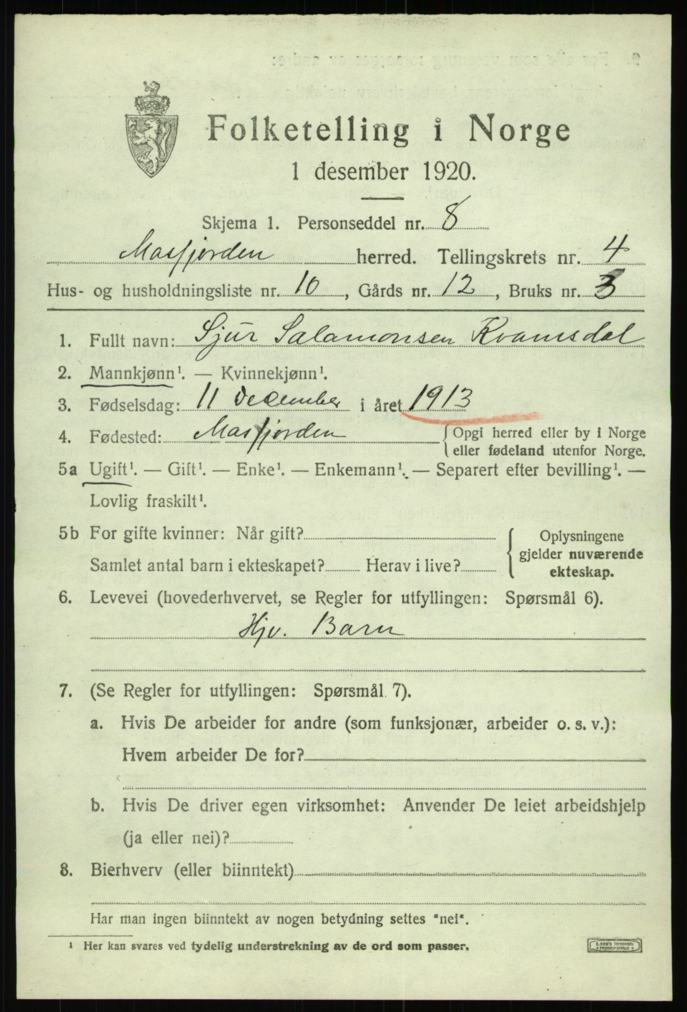 SAB, 1920 census for Masfjorden, 1920, p. 1841