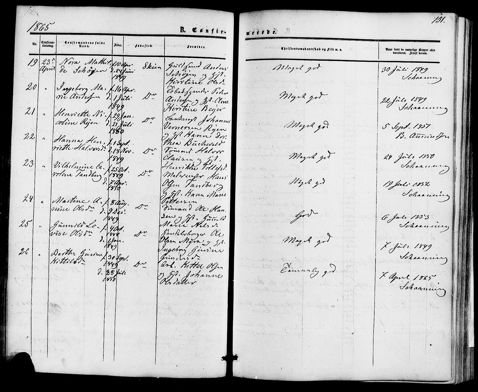 Skien kirkebøker, AV/SAKO-A-302/F/Fa/L0007: Parish register (official) no. 7, 1856-1865, p. 151