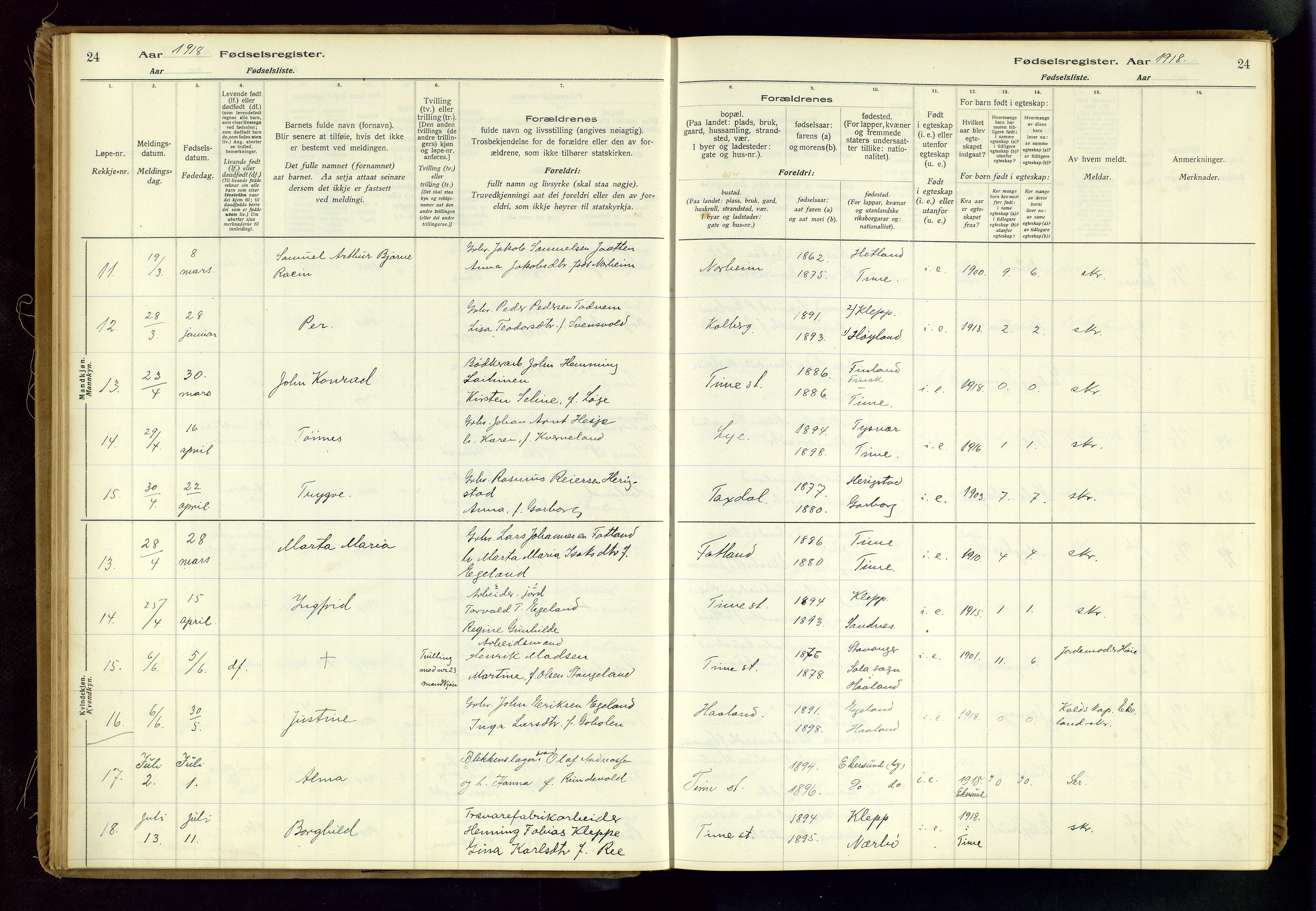 Time sokneprestkontor, AV/SAST-A-101795/001/704BA/L0001: Birth register no. 1, 1916-1934, p. 24