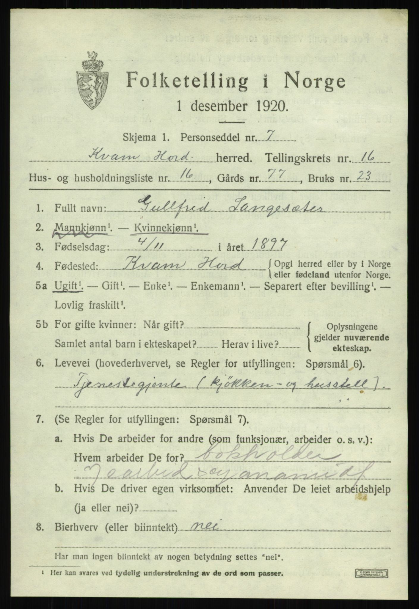 SAB, 1920 census for Kvam, 1920, p. 9191