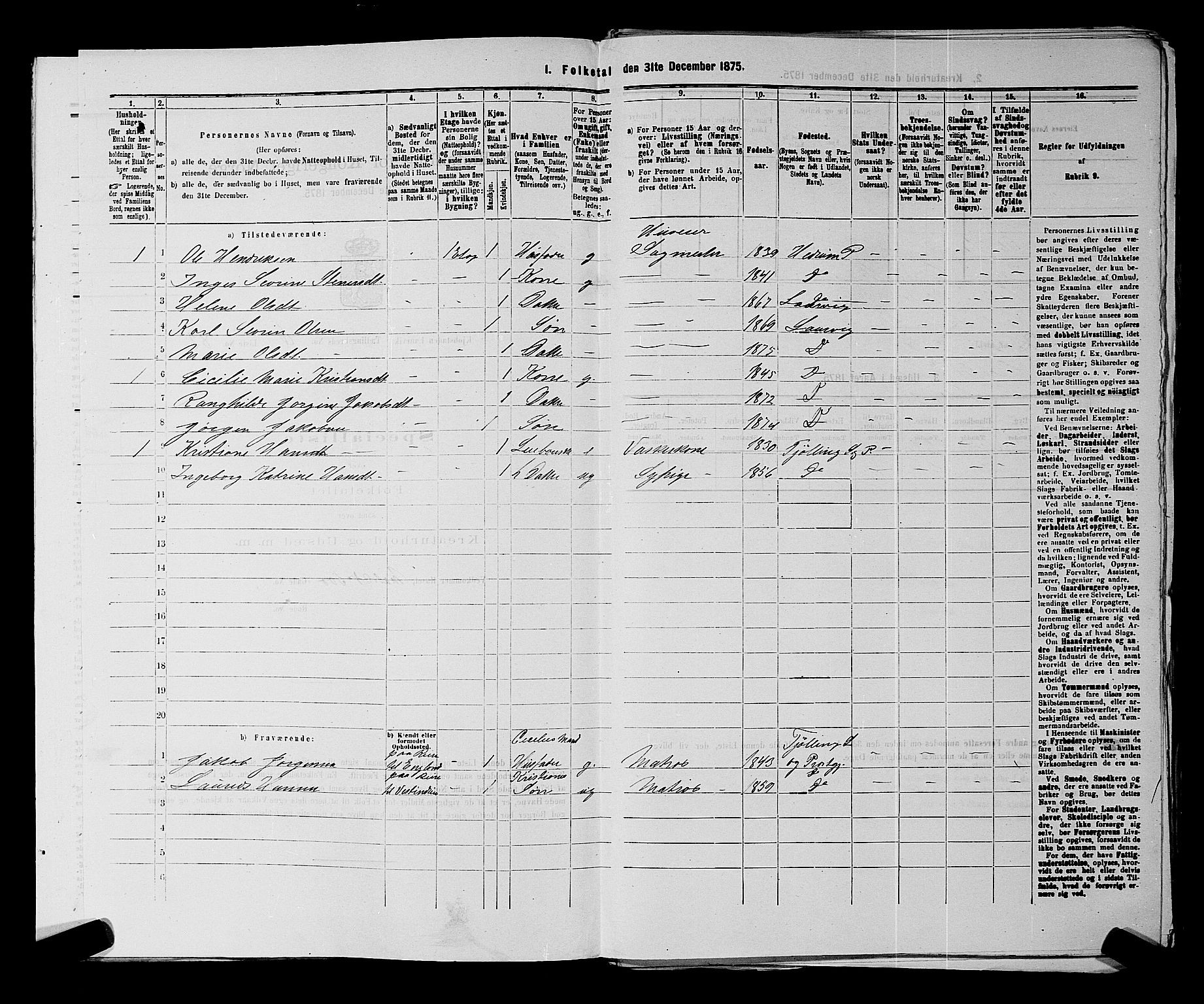 SAKO, 1875 census for 0707P Larvik, 1875, p. 1309