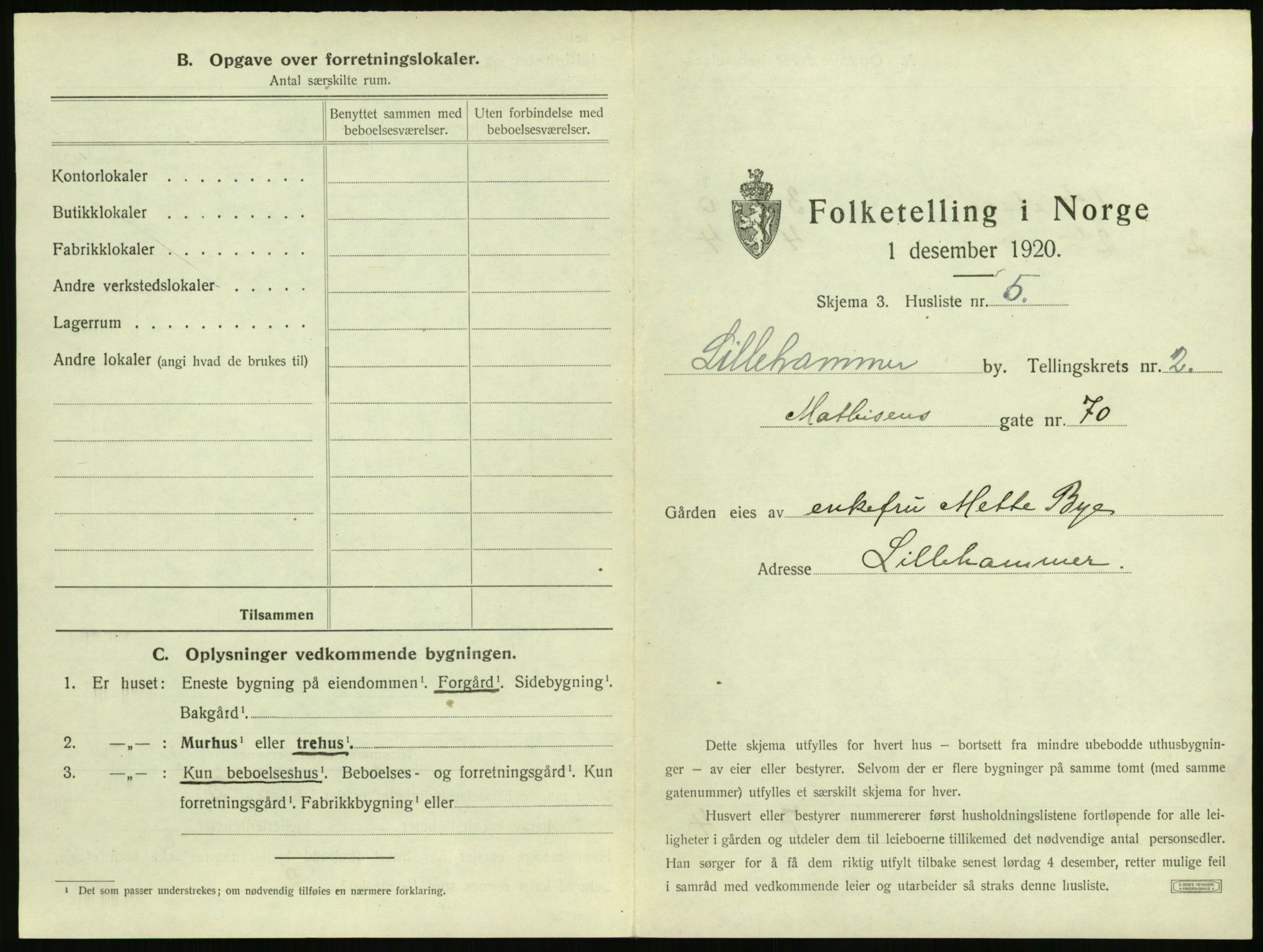 SAH, 1920 census for Lillehammer, 1920, p. 172