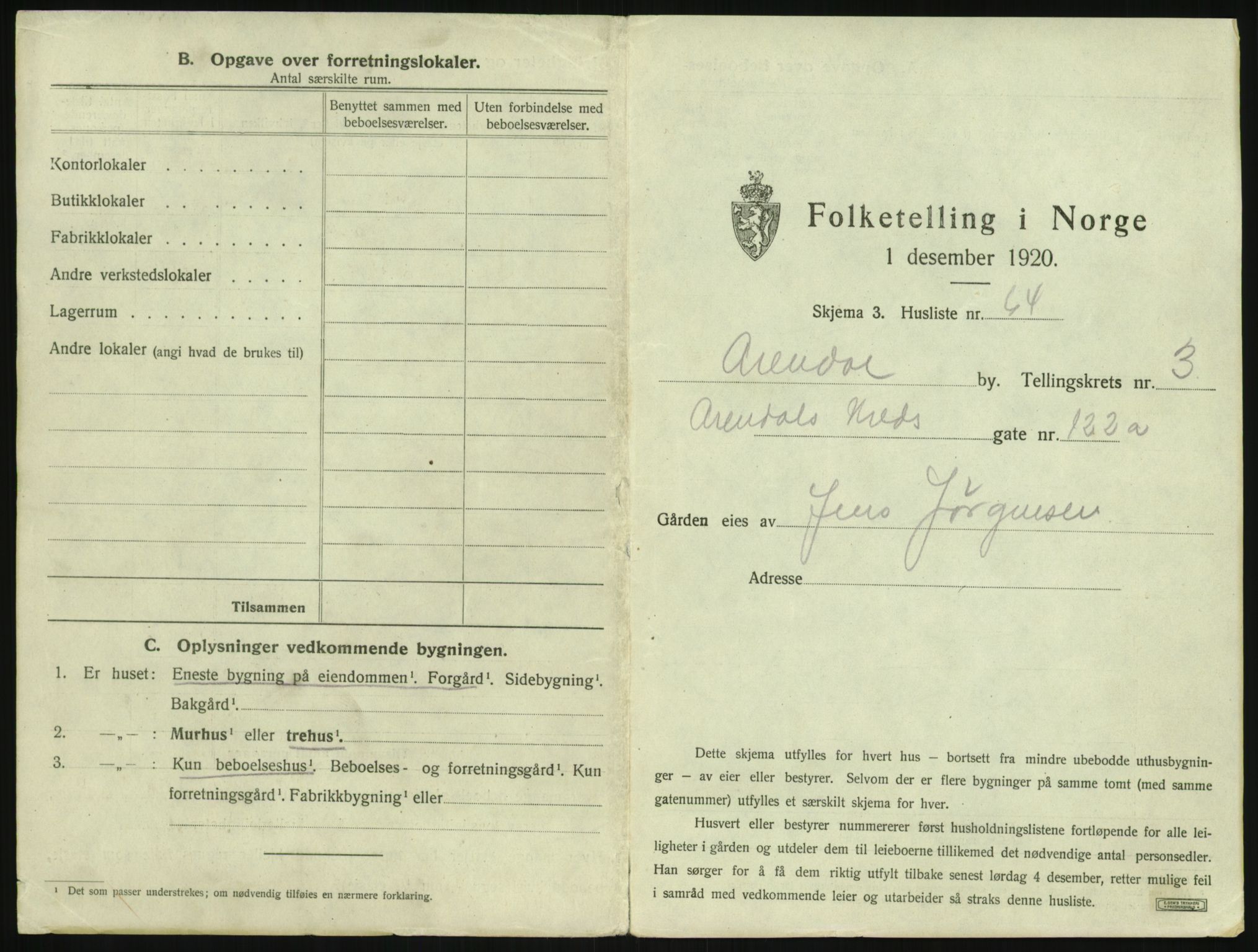 SAK, 1920 census for Arendal, 1920, p. 454