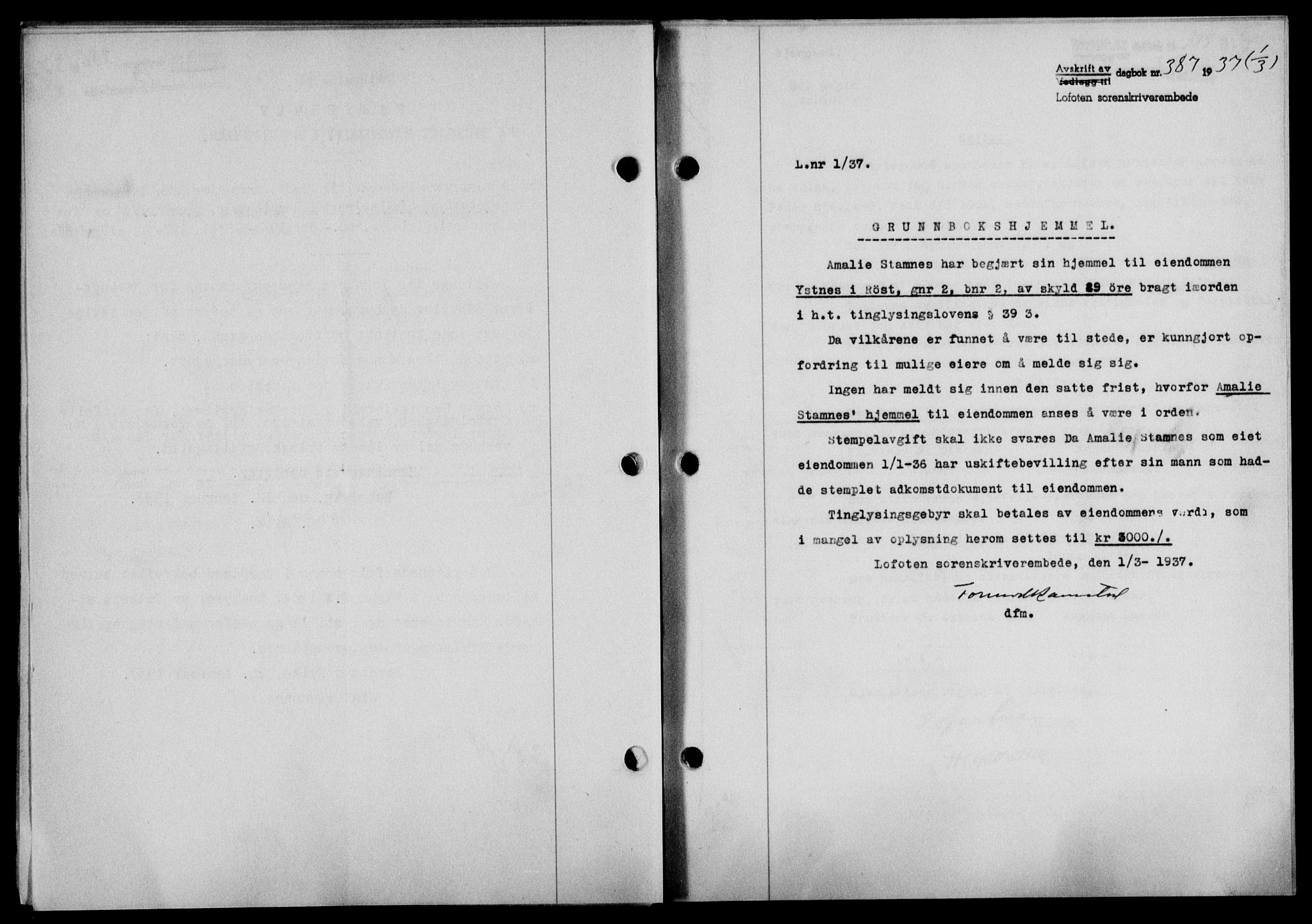 Lofoten sorenskriveri, SAT/A-0017/1/2/2C/L0001a: Mortgage book no. 1a, 1936-1937, Diary no: : 387/1937