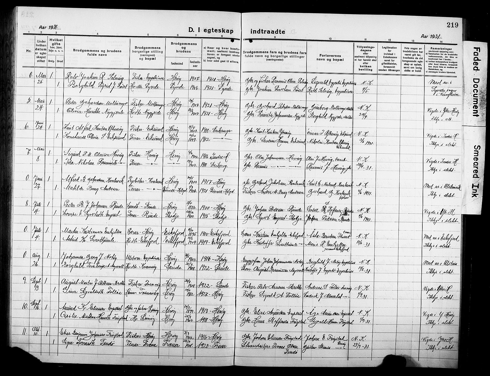 Ministerialprotokoller, klokkerbøker og fødselsregistre - Møre og Romsdal, AV/SAT-A-1454/507/L0084: Parish register (copy) no. 507C07, 1919-1932, p. 219