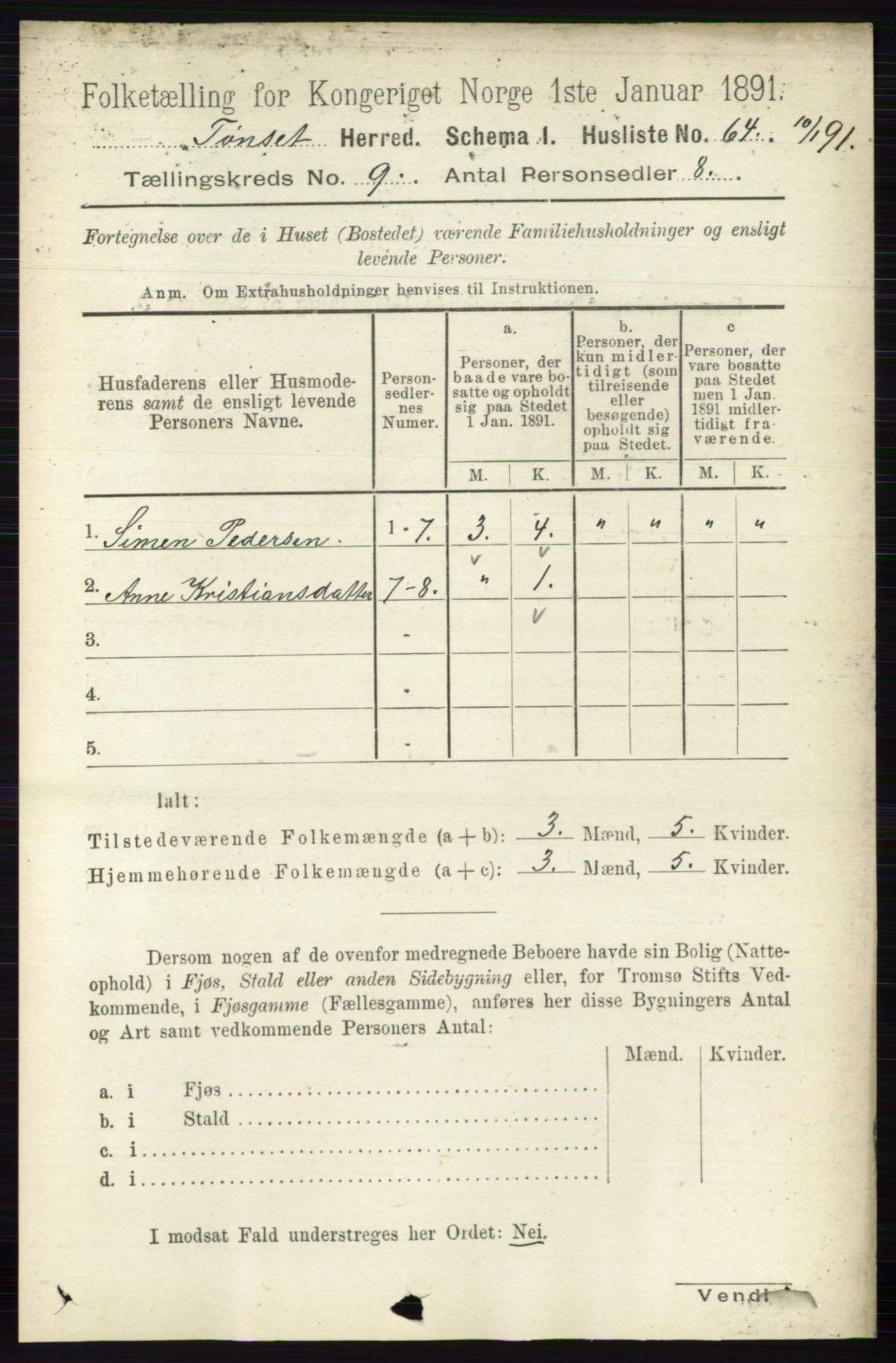 RA, 1891 census for 0437 Tynset, 1891, p. 2413