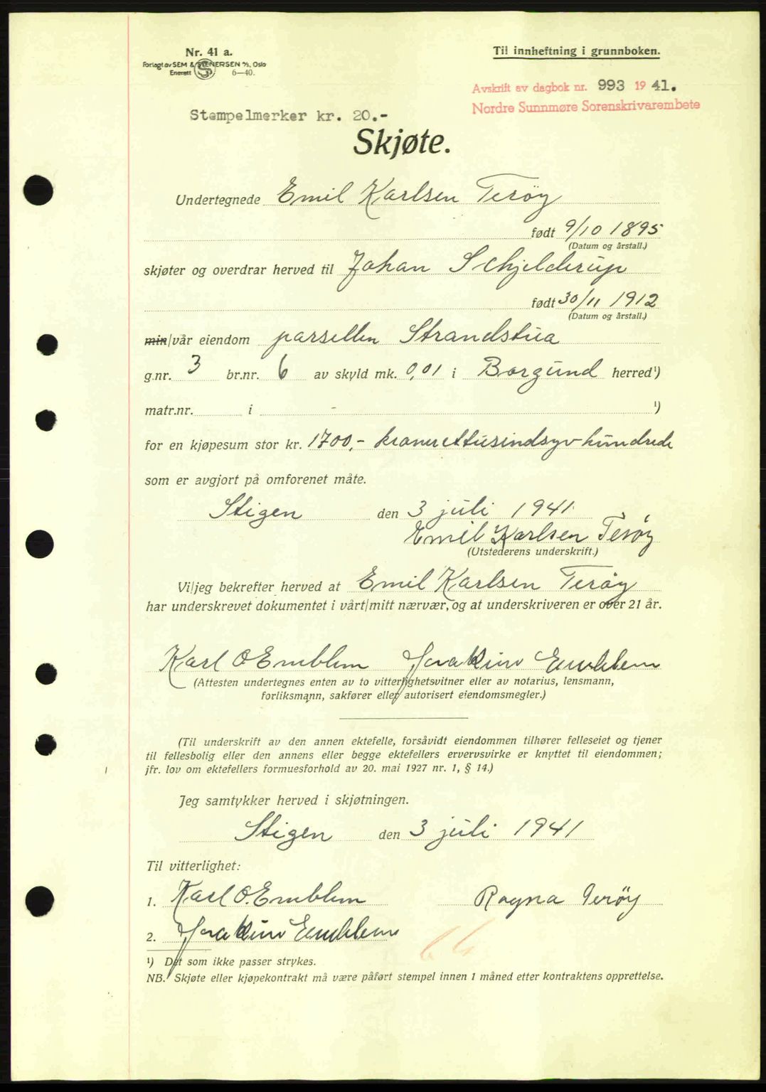 Nordre Sunnmøre sorenskriveri, AV/SAT-A-0006/1/2/2C/2Ca: Mortgage book no. A11, 1941-1941, Diary no: : 993/1941