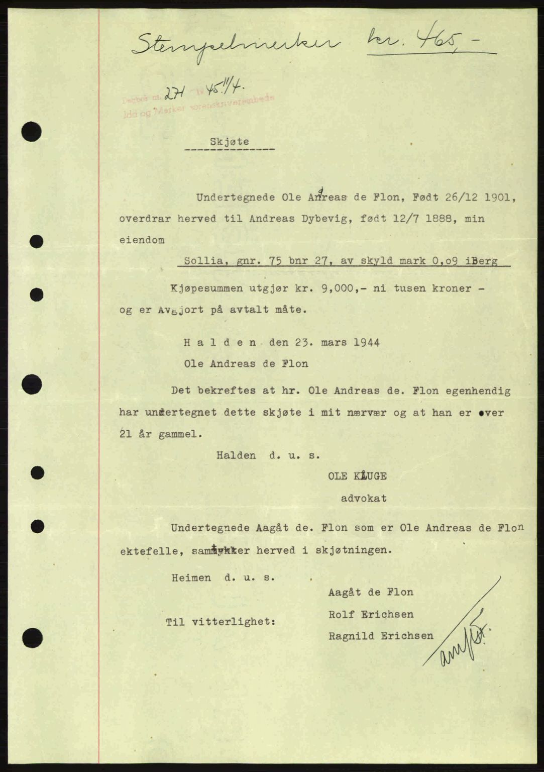 Idd og Marker sorenskriveri, AV/SAO-A-10283/G/Gb/Gbb/L0007: Mortgage book no. A7, 1944-1945, Diary no: : 271/1945