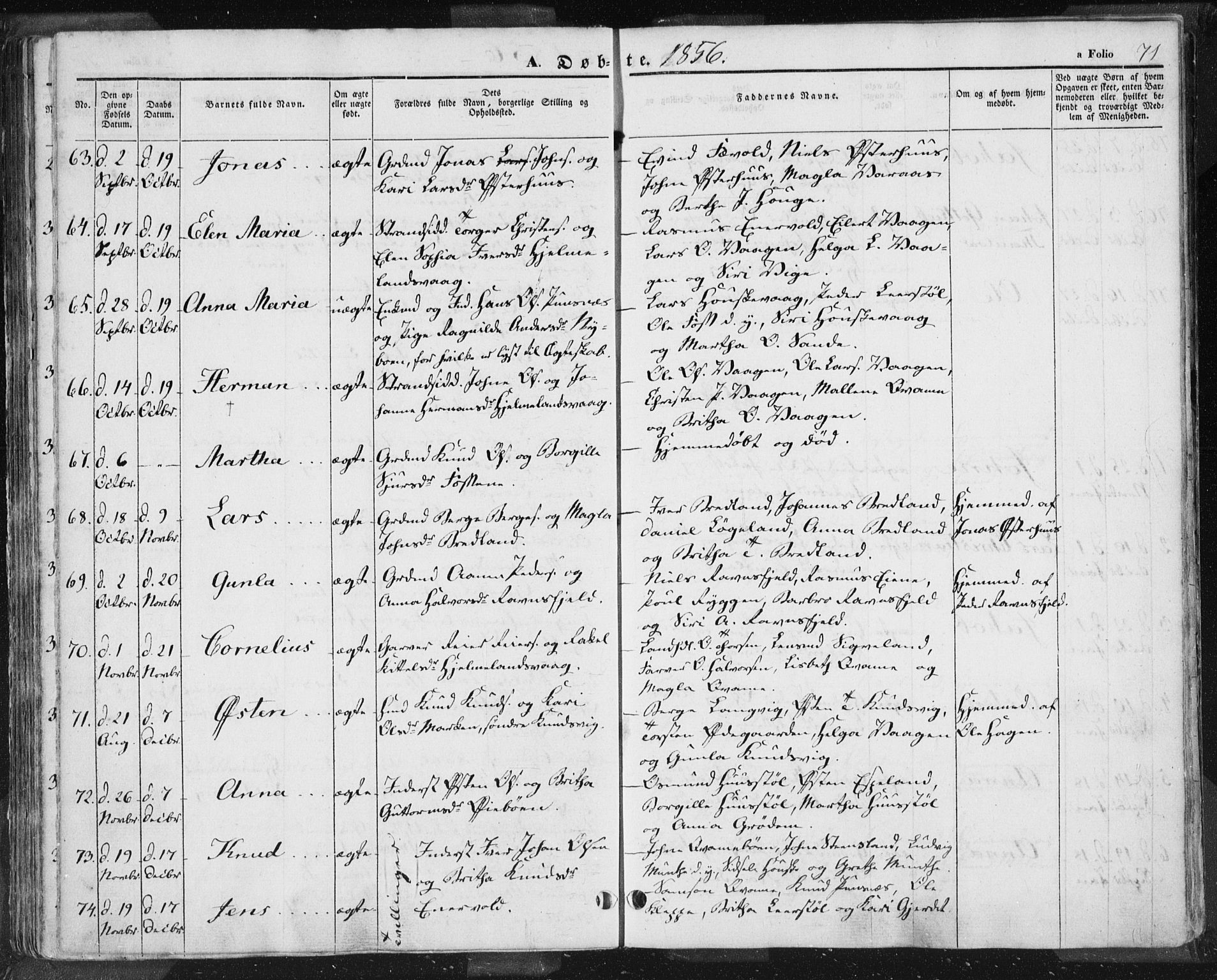 Hjelmeland sokneprestkontor, AV/SAST-A-101843/01/IV/L0009: Parish register (official) no. A 9, 1846-1860, p. 71