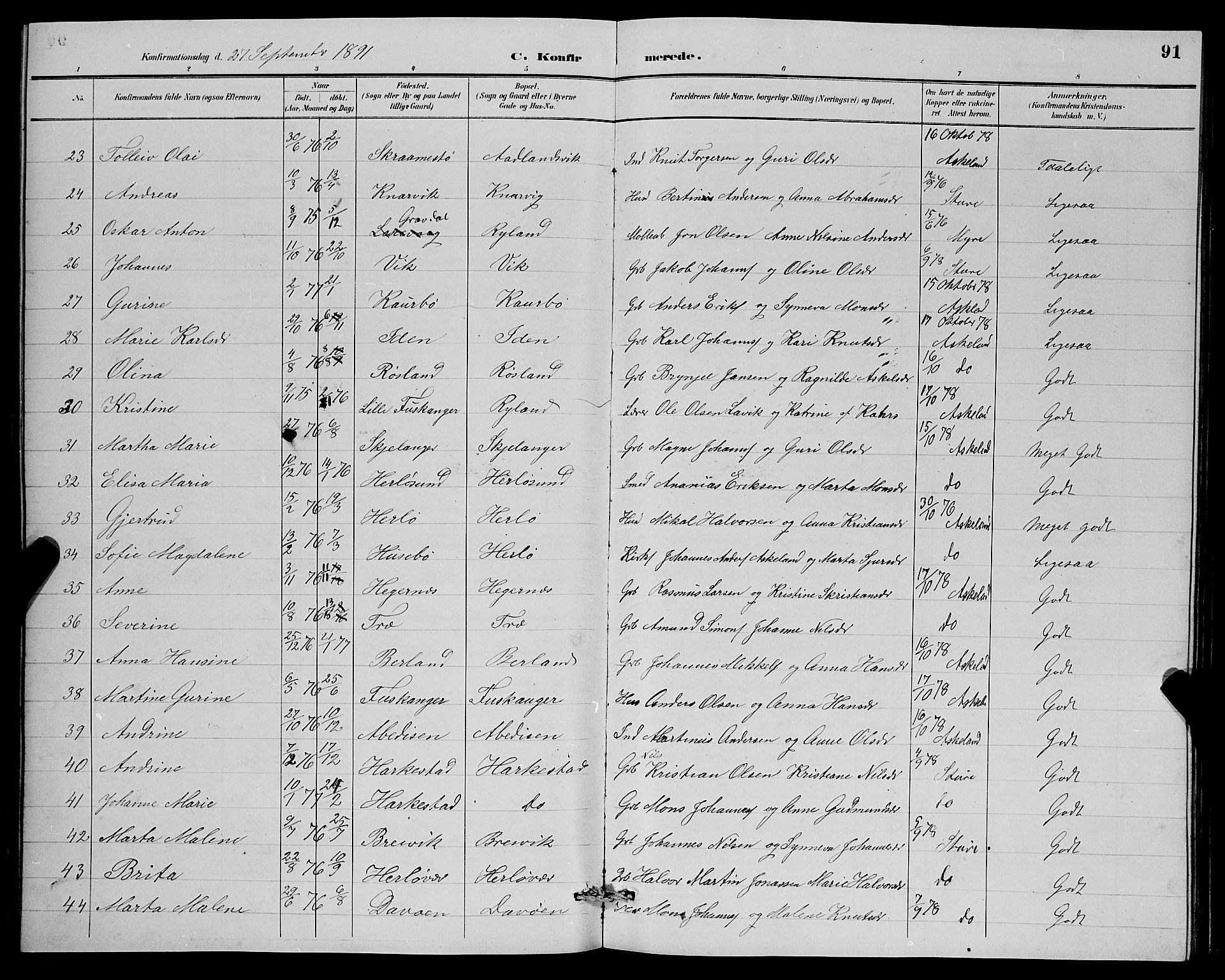 Herdla Sokneprestembete, AV/SAB-A-75701/H/Hab: Parish register (copy) no. A 3, 1889-1899, p. 91