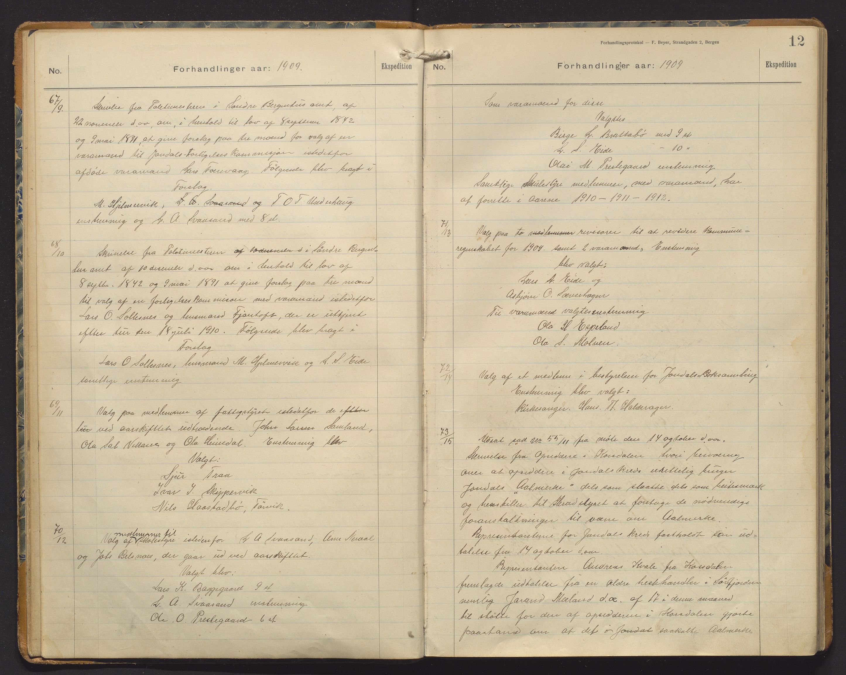 Jondal kommune. Formannskapet, IKAH/1227-021/A/Aa/Aaa/L0004: Møtebok for formannskap og kommunestyre, 1909-1914, p. 12