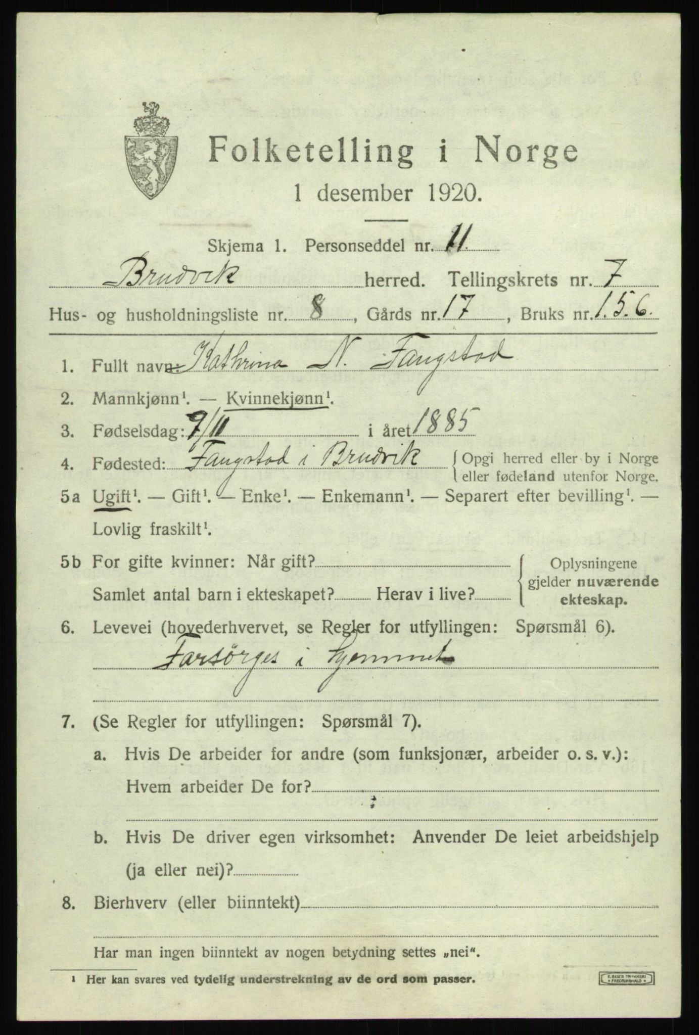 SAB, 1920 census for Bruvik, 1920, p. 5012