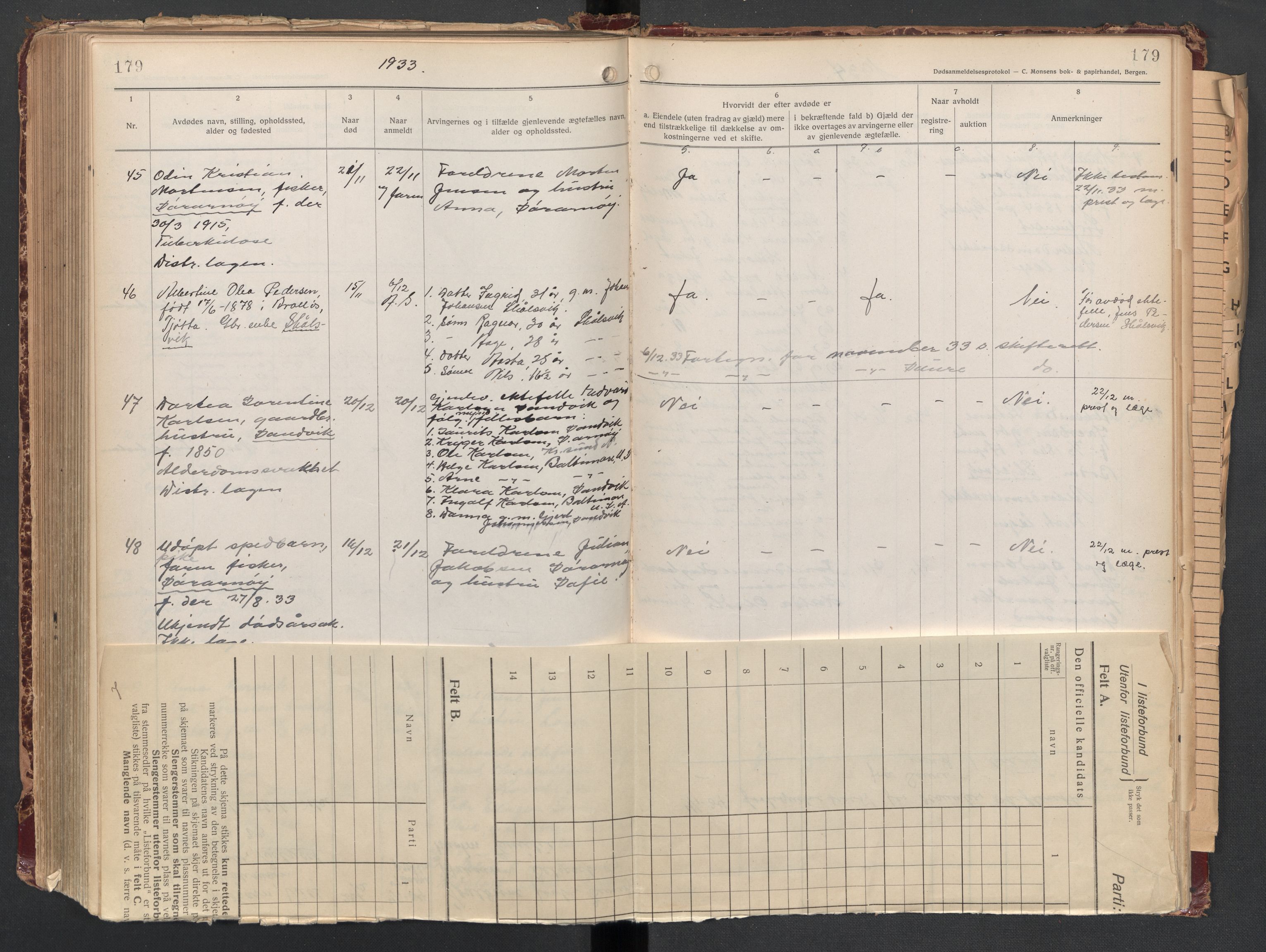 Gildeskål lensmannskontor, AV/SAT-A-4368/1/02/L0008: 2.01.08 - Dødsfallsprotokoll, 1917-1934, p. 179