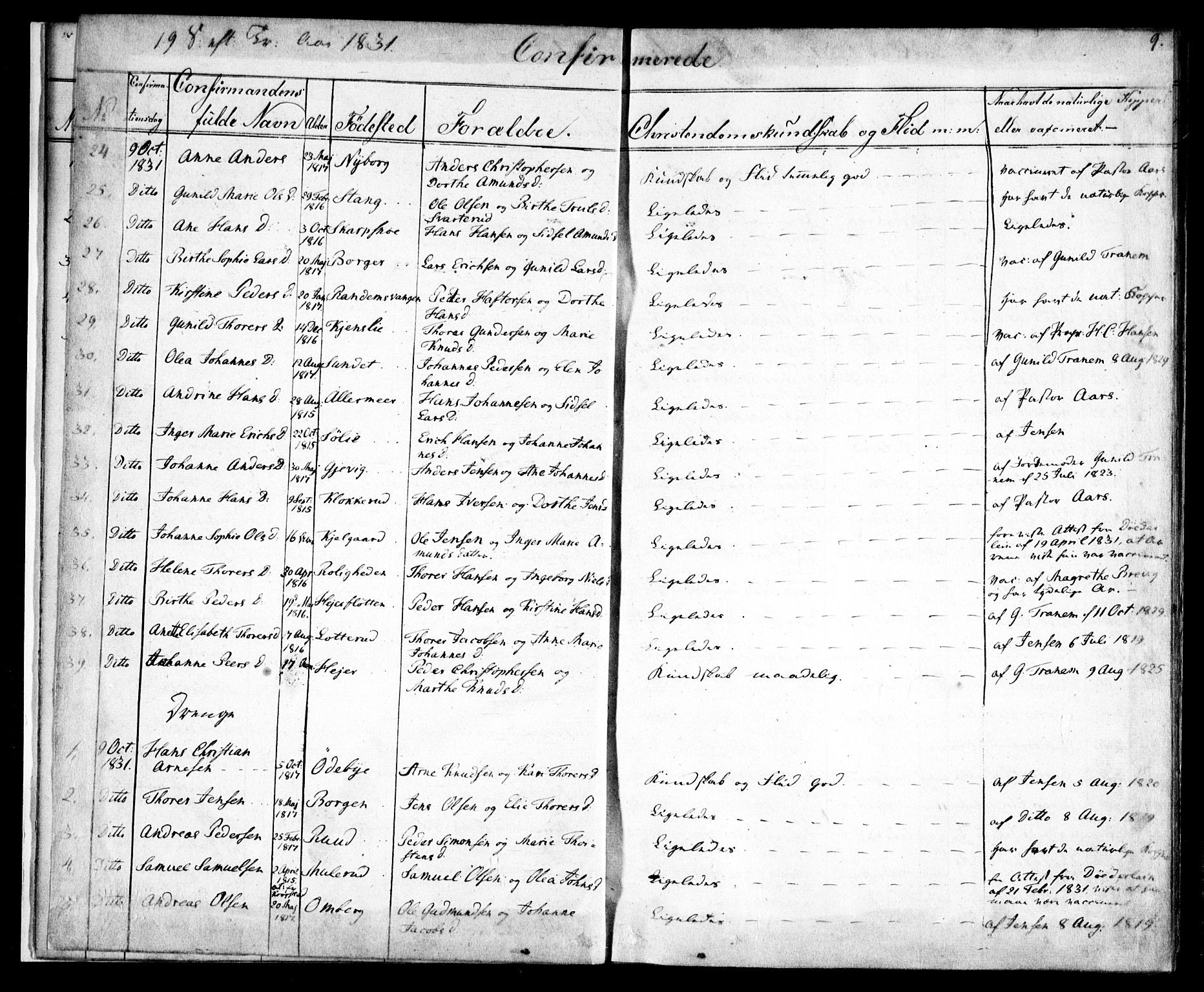 Enebakk prestekontor Kirkebøker, AV/SAO-A-10171c/F/Fa/L0010: Parish register (official) no. I 10, 1829-1876, p. 9