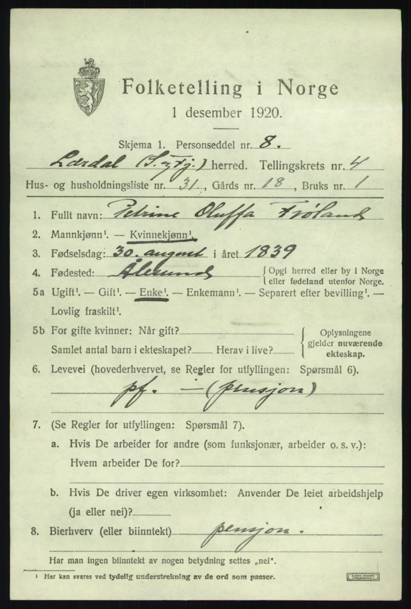 SAB, 1920 census for Lærdal, 1920, p. 2474