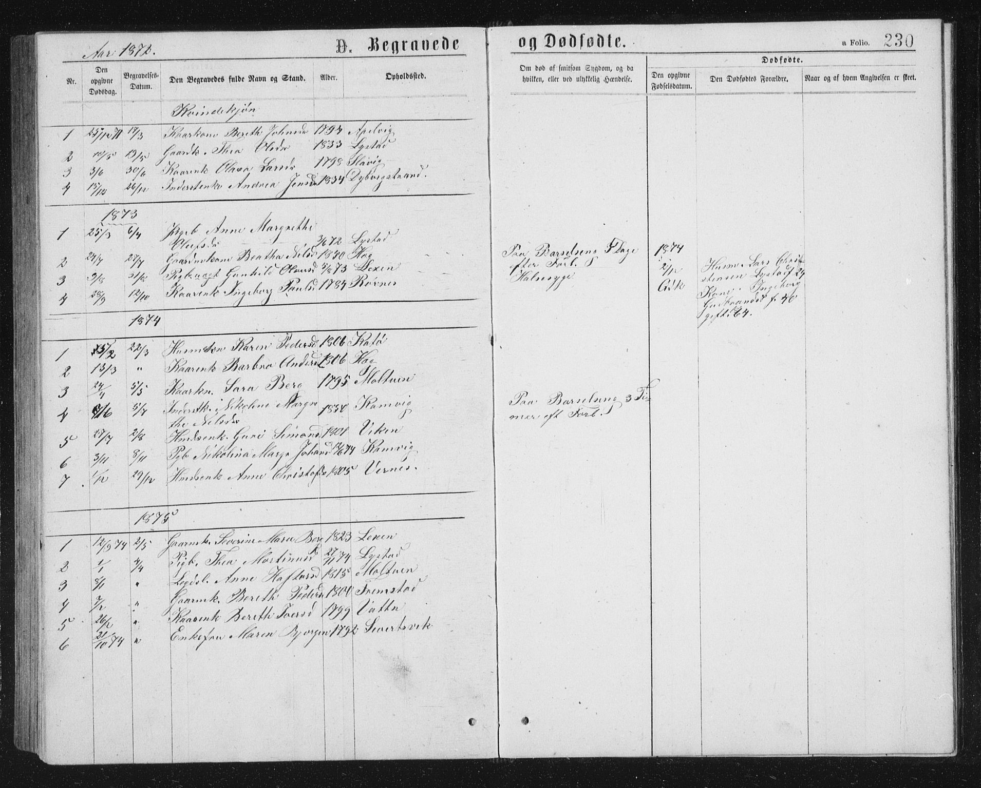 Ministerialprotokoller, klokkerbøker og fødselsregistre - Sør-Trøndelag, SAT/A-1456/662/L0756: Parish register (copy) no. 662C01, 1869-1891, p. 230