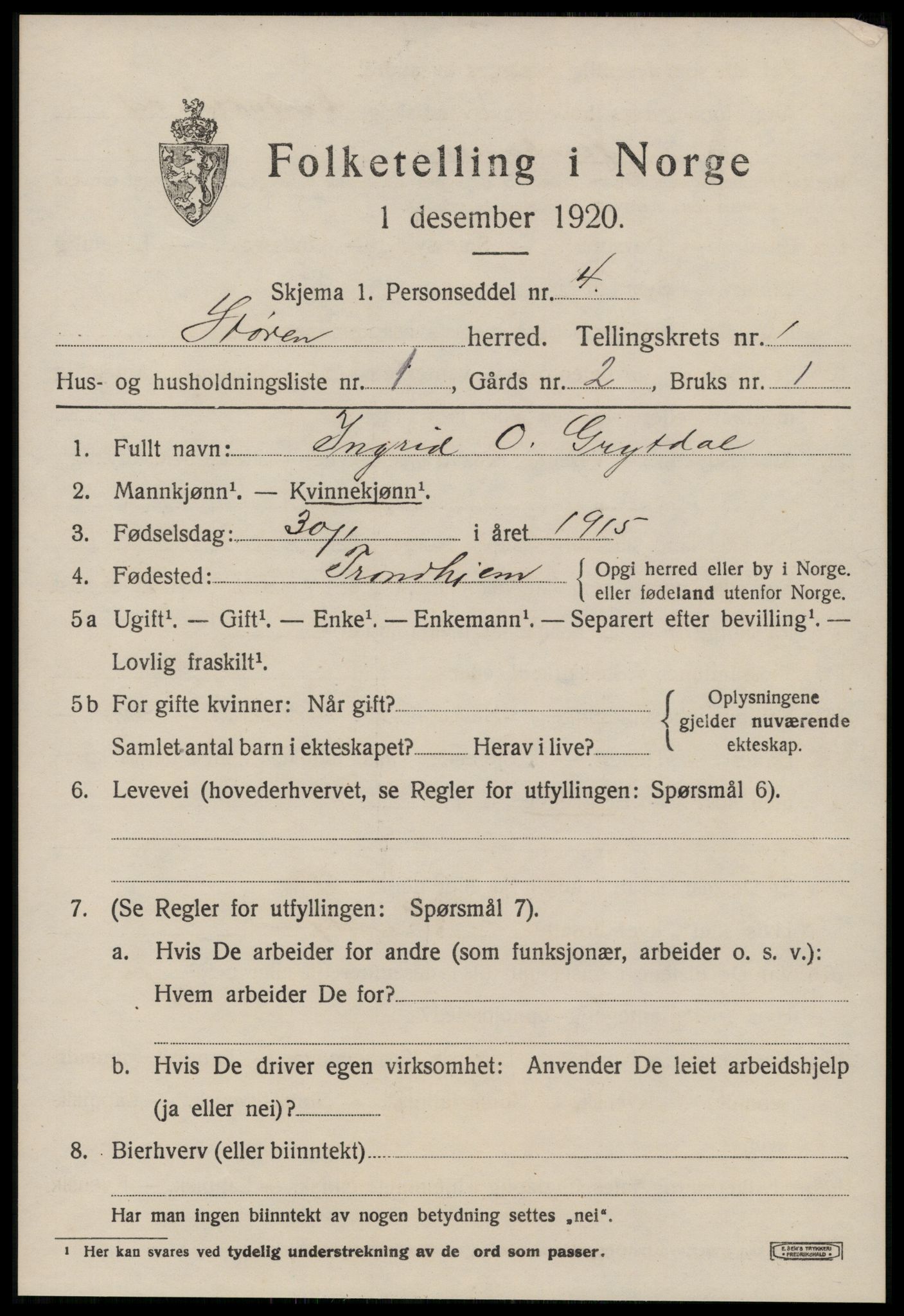 SAT, 1920 census for Støren, 1920, p. 698