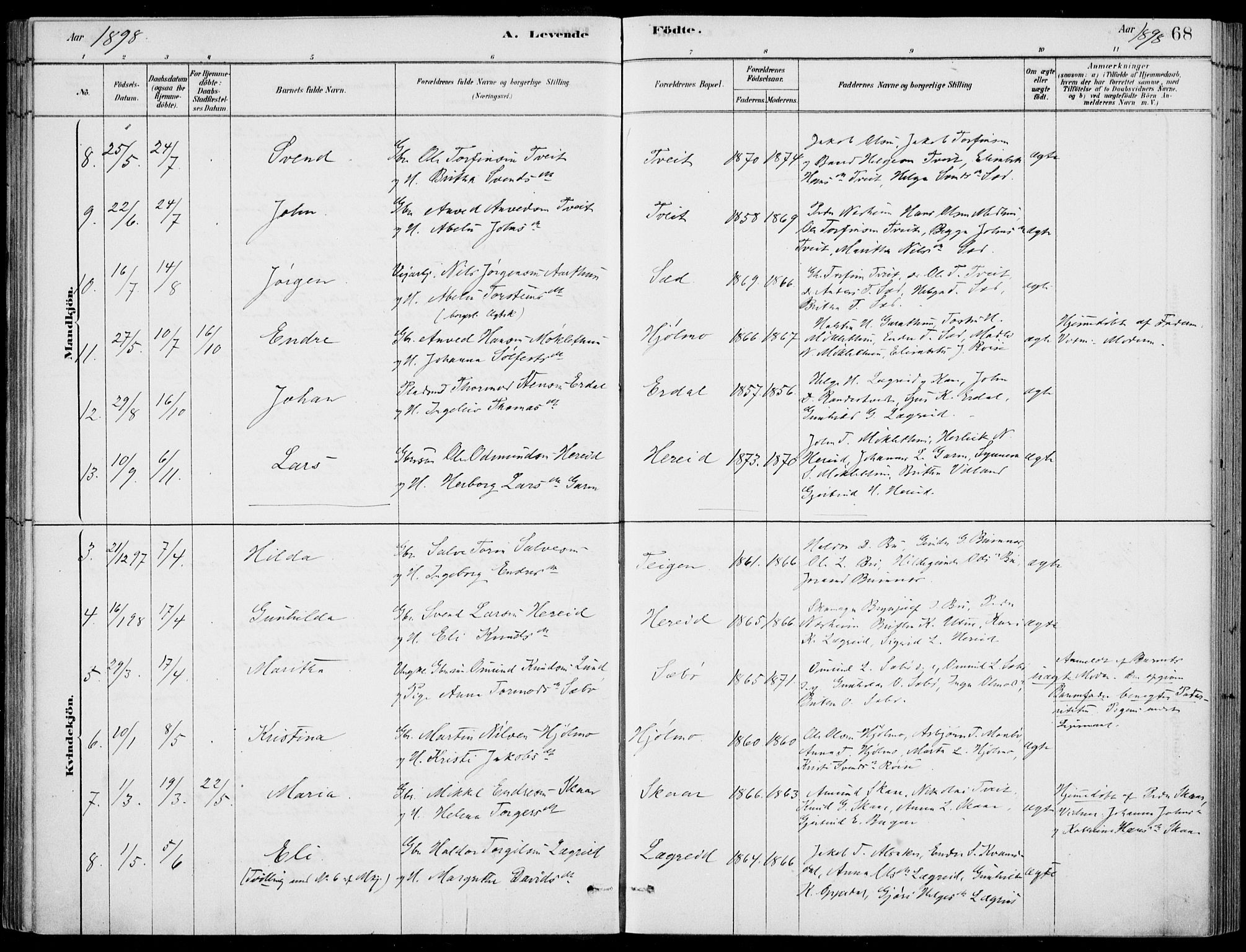 Ulvik sokneprestembete, AV/SAB-A-78801/H/Haa: Parish register (official) no. D  1, 1878-1903, p. 68