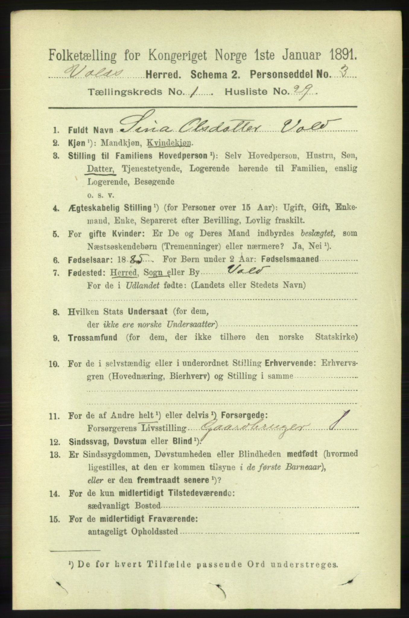 RA, 1891 census for 1537 Voll, 1891, p. 255