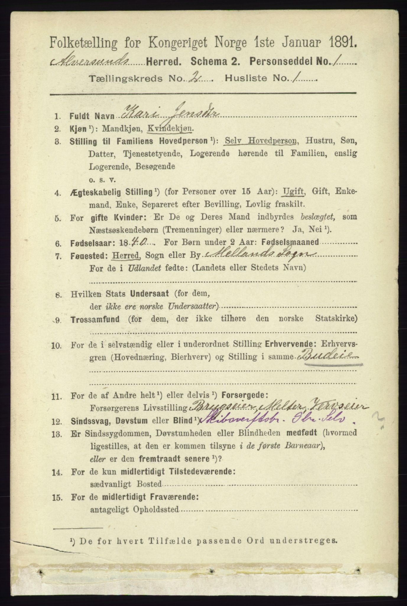 RA, 1891 census for 1257 Alversund, 1891, p. 461