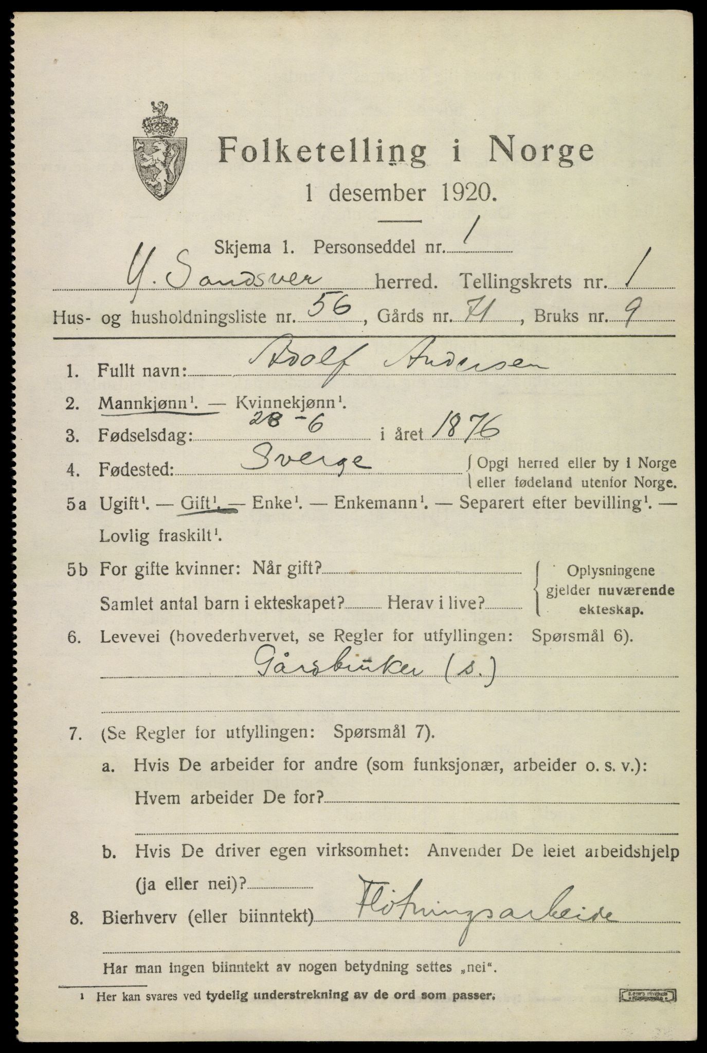 SAKO, 1920 census for Ytre Sandsvær, 1920, p. 1738