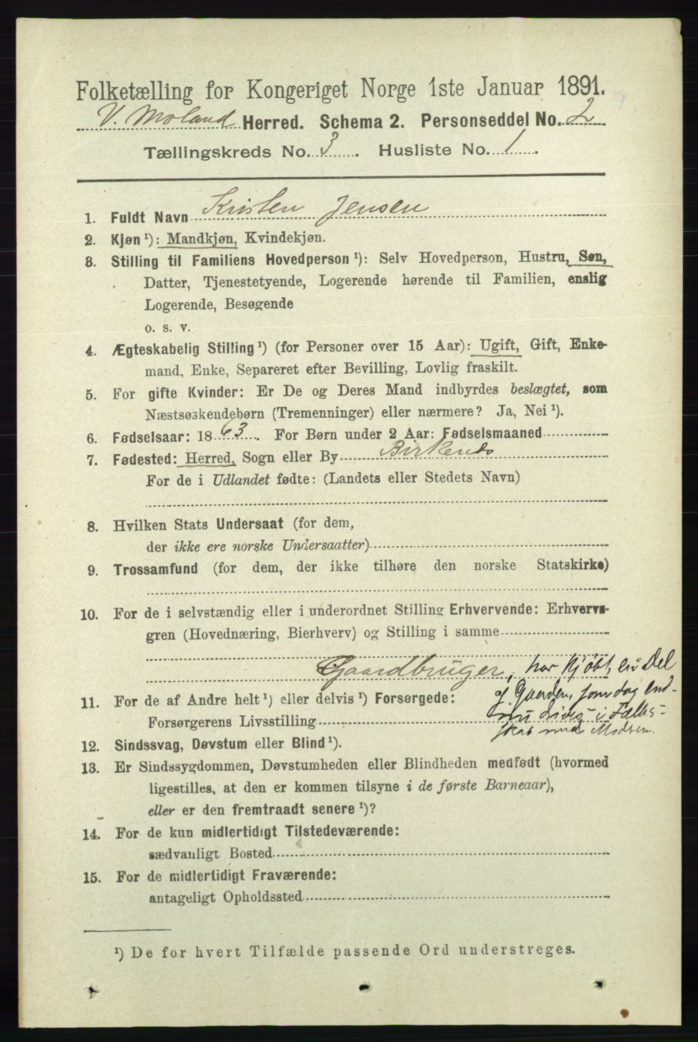 RA, 1891 census for 0926 Vestre Moland, 1891, p. 958